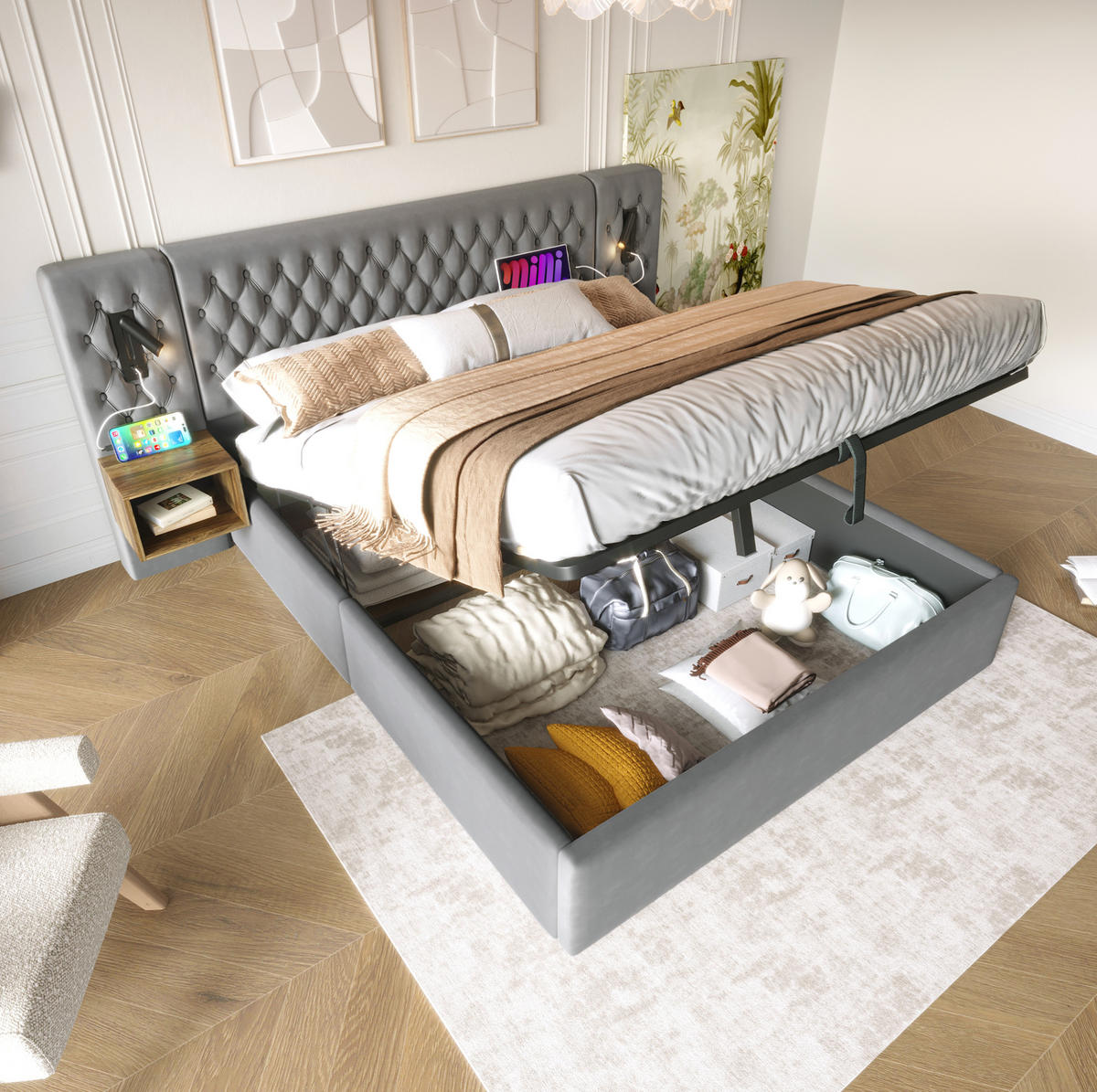 POLSTERBETT 180/200 cm grau aus Samt mit Stauraum - Grau, Textil (180/200cm) - OKMYHOME