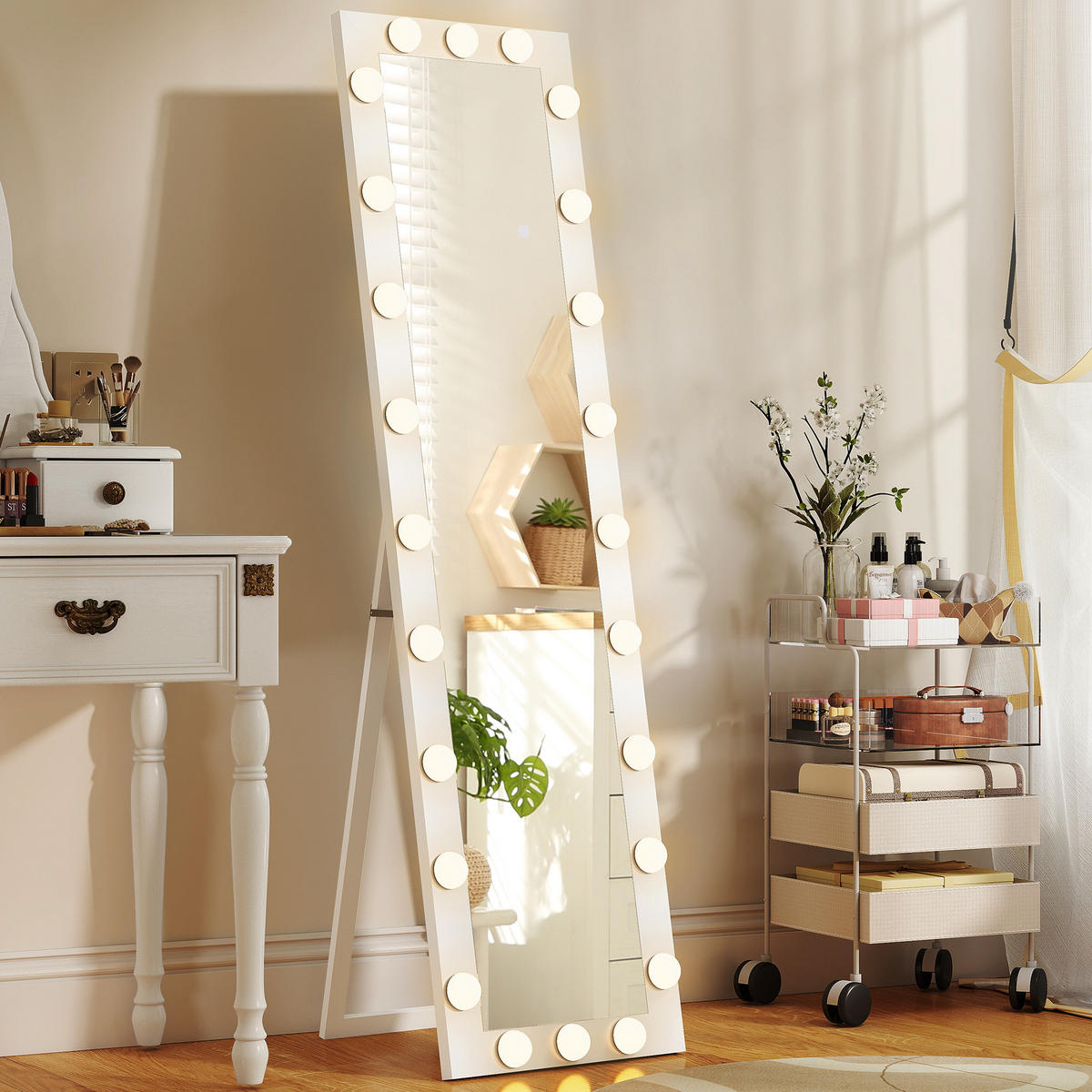 GANZKÖRPERSPIEGEL 150x40 cm LED Standspiegel mit 24 Glühbirnen 3 Lichtfarbe - Weiß, Glas/Holzwerkstoff (4/150/40cm) - HOMCOM