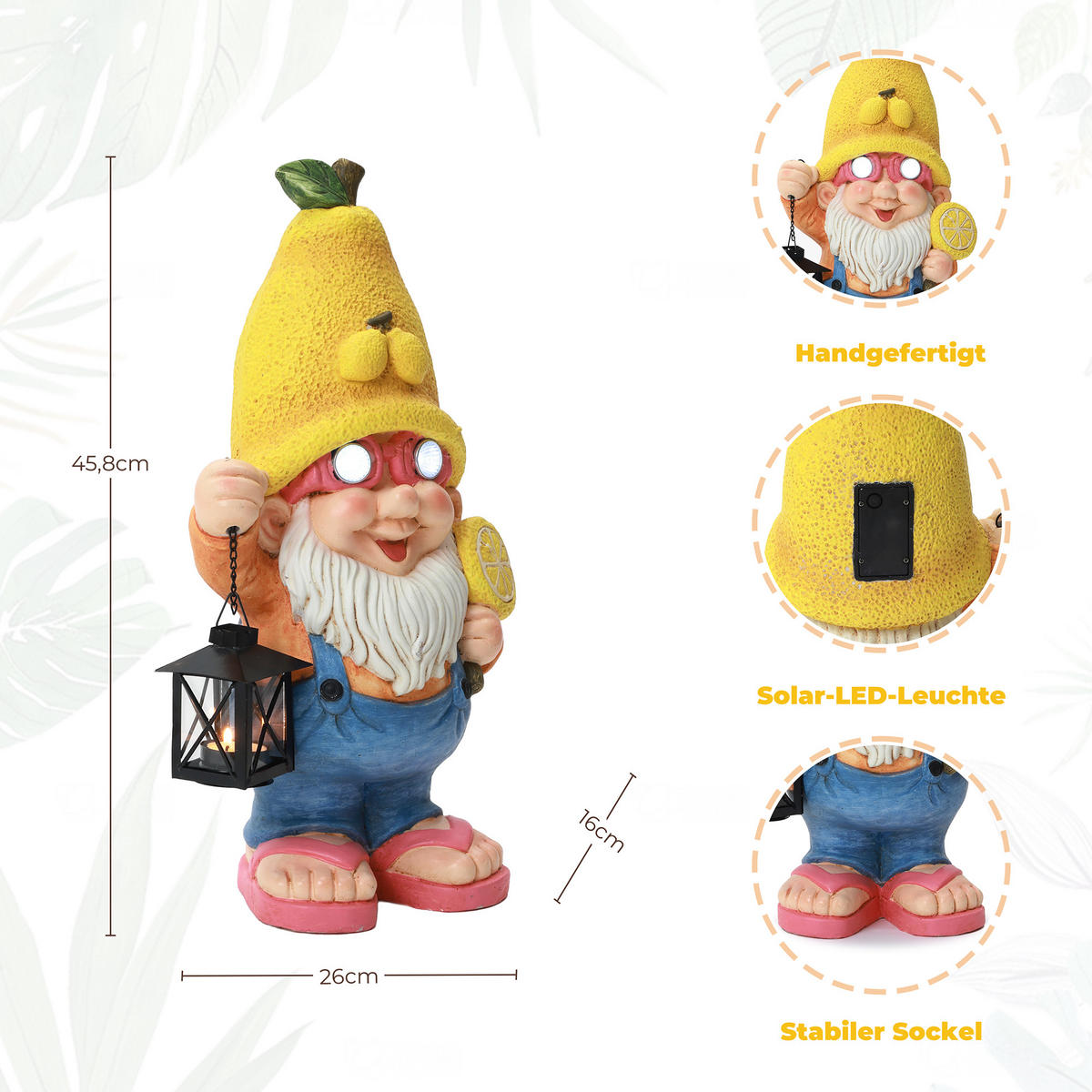 46CM Solarbetriebene Zwerggestalt in Form einer Zitrone Gartenfigur Zwerg mit Laterne, leuchtende Augen Geschenkidee für Mama - Multicolor, Naturmaterialien (23.5/46/16.5cm) - Hometopia