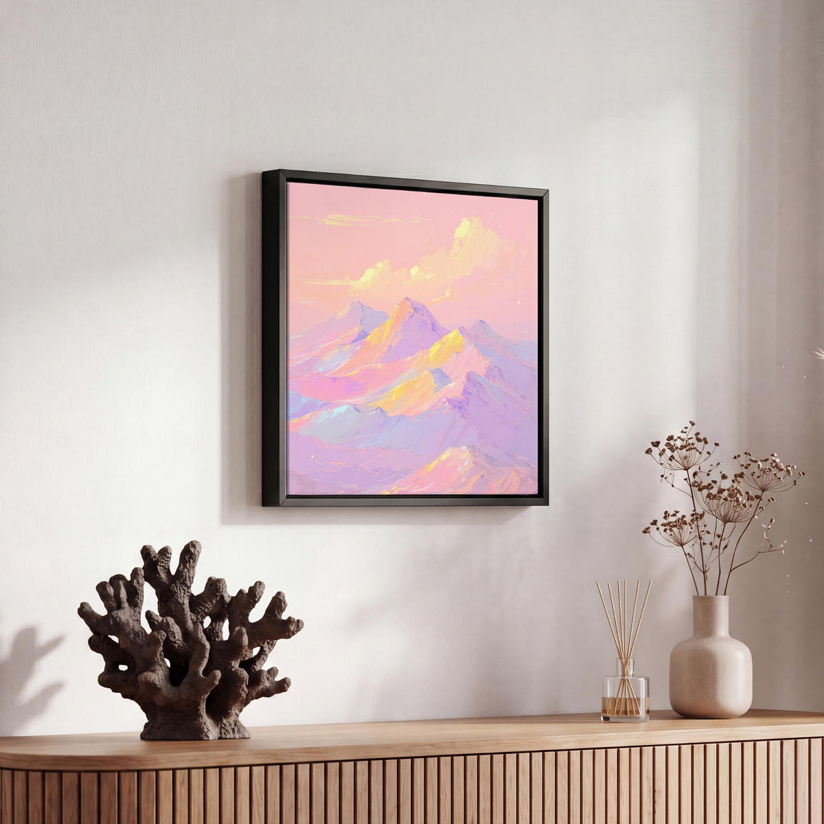 LEINWAND Bilder mit Rahmen - Berggipfel - Wolken - Verträumt - 20x20 - Hellrosa, Textil (20/20cm) - MuchoWow