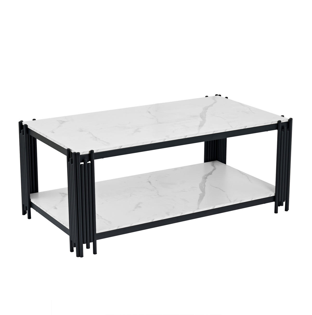 COUCHTISCH 114/64/46 cm in Weiß-Schwarz mit 2 Ablagen und Marmoroptik - Schwarz, Holzwerkstoff (114/64/46cm) - Flora Grace