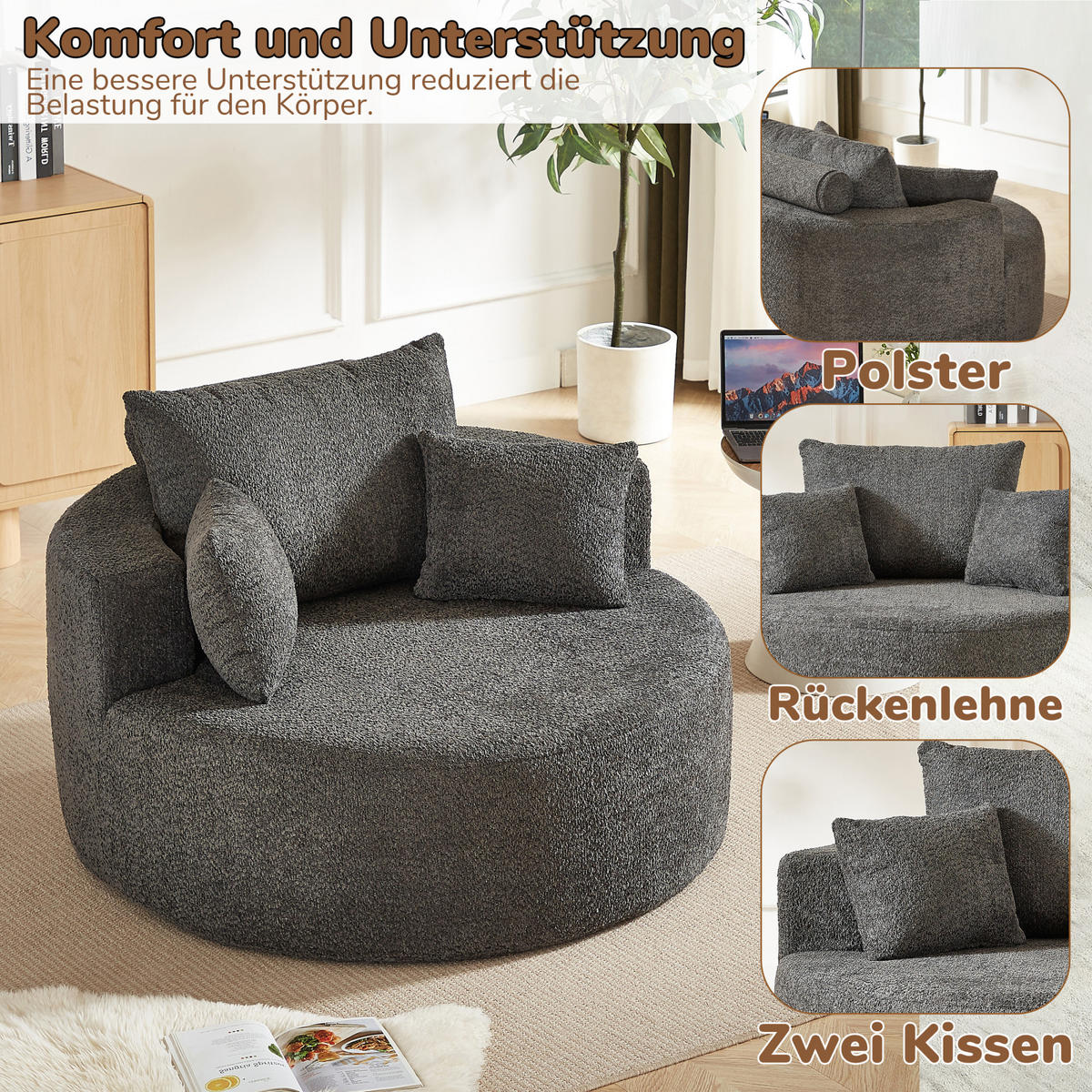 STOFFSOFA Grau, Bequemer Polstersessel mit Rückenkissen, ohne Montage - Grau, Textil (127/82/127cm) - PARAFTA HOME