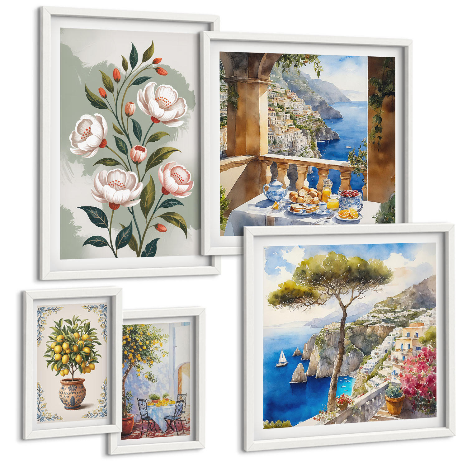 BILDER SET 5er Set - 50x50 cm & 20x30 cm & 40x60 cm Weißer Rahmen - Blick auf das Meer aus Zitronenbäumen - Weiß, Kunststoff (40/60cm) - TULUP