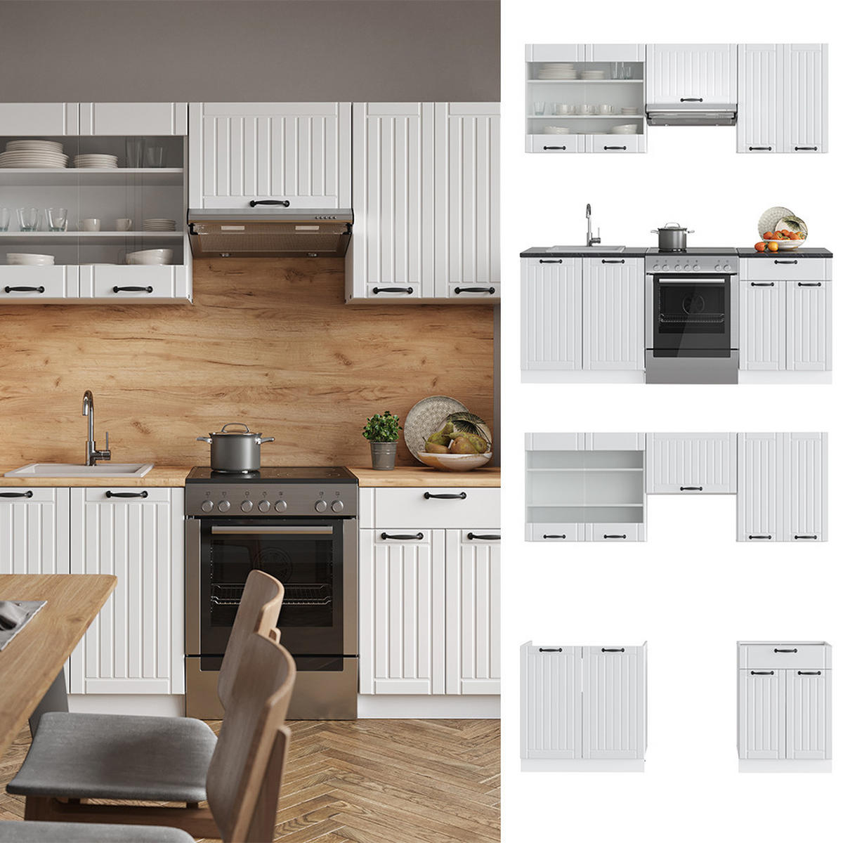 KÜCHENZEILE Fame-Line Weiß Landhaus/Weiß 200 cm, AP Eiche - Creme/Weiß, Holzwerkstoff (200/81.6/60cm) - Vicco
