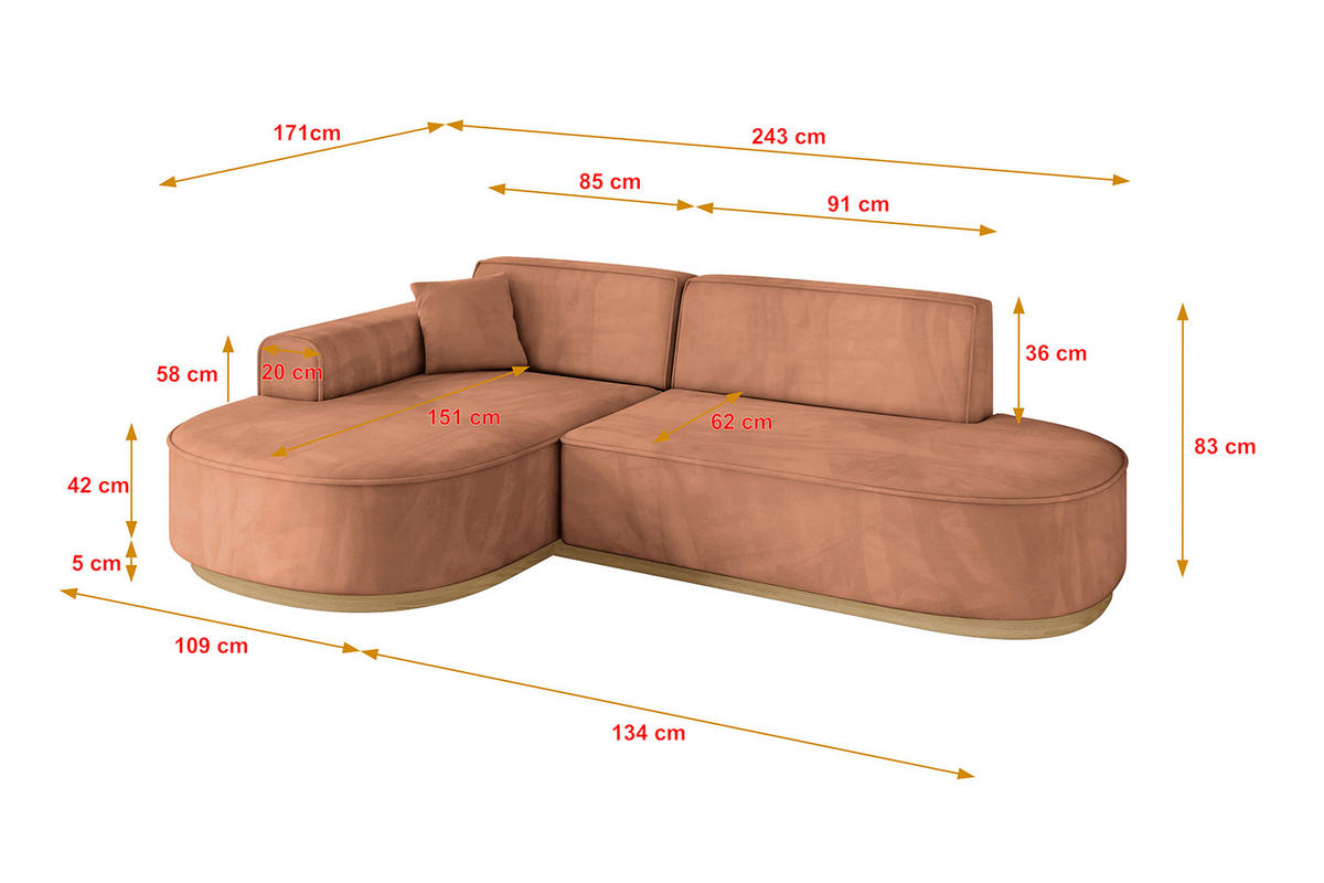 ECKSOFA Ottomane Links MARI-L1-v2 - 243x171x83 cm Orange Velours - Orange, Holzwerkstoff/Textil (243/171cm) - ALTDECOR