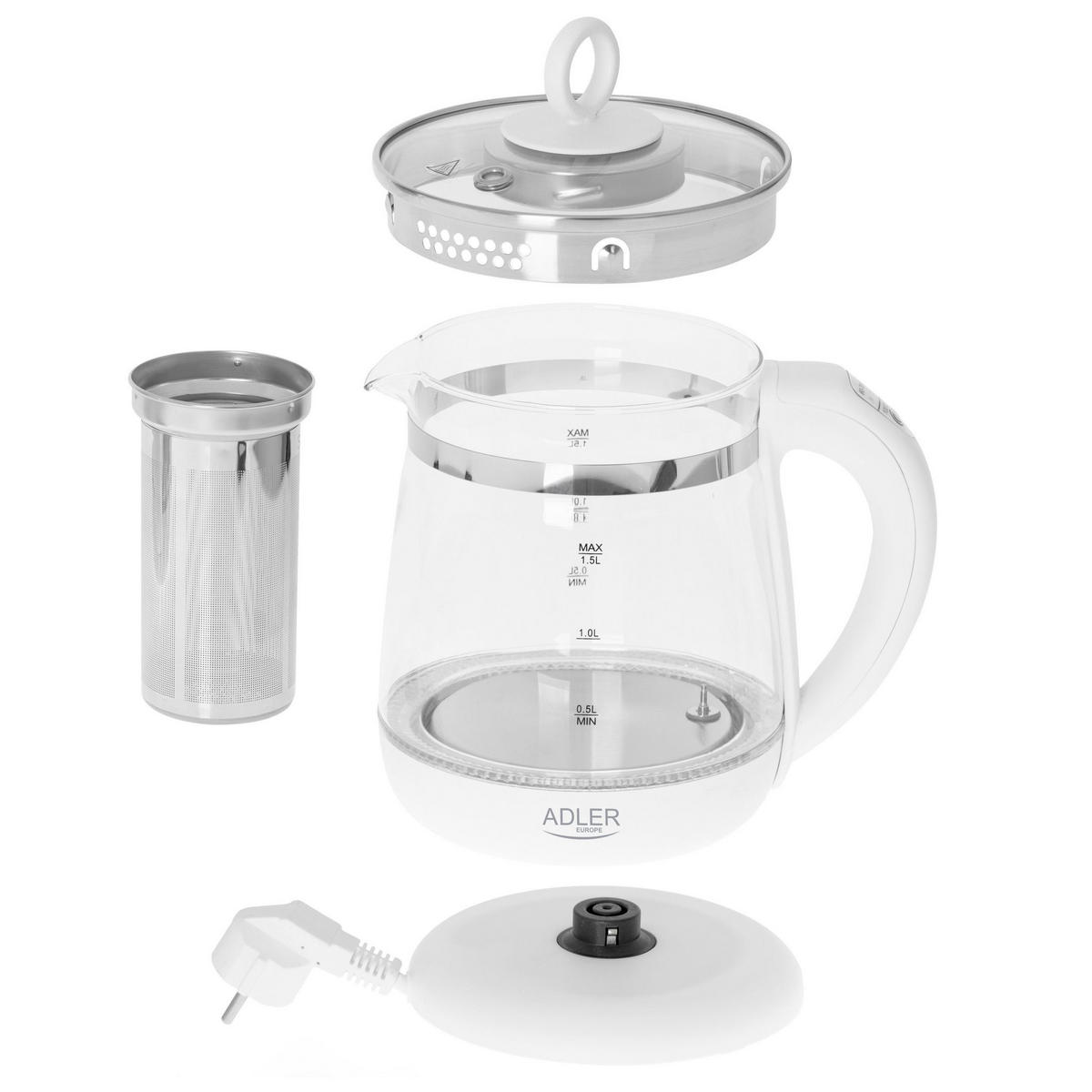 ADLER AD1299 Glas Wasserkocher 1,5L 2200W – Elektrischer Teekocher mit Temperaturwahl 60–100°C, LED Innenbeleuchtung, Edelstahl & Glas, BPA-frei - Transparent/Weiß, Glas/Kunststoff (21/24/16cm) - Adler