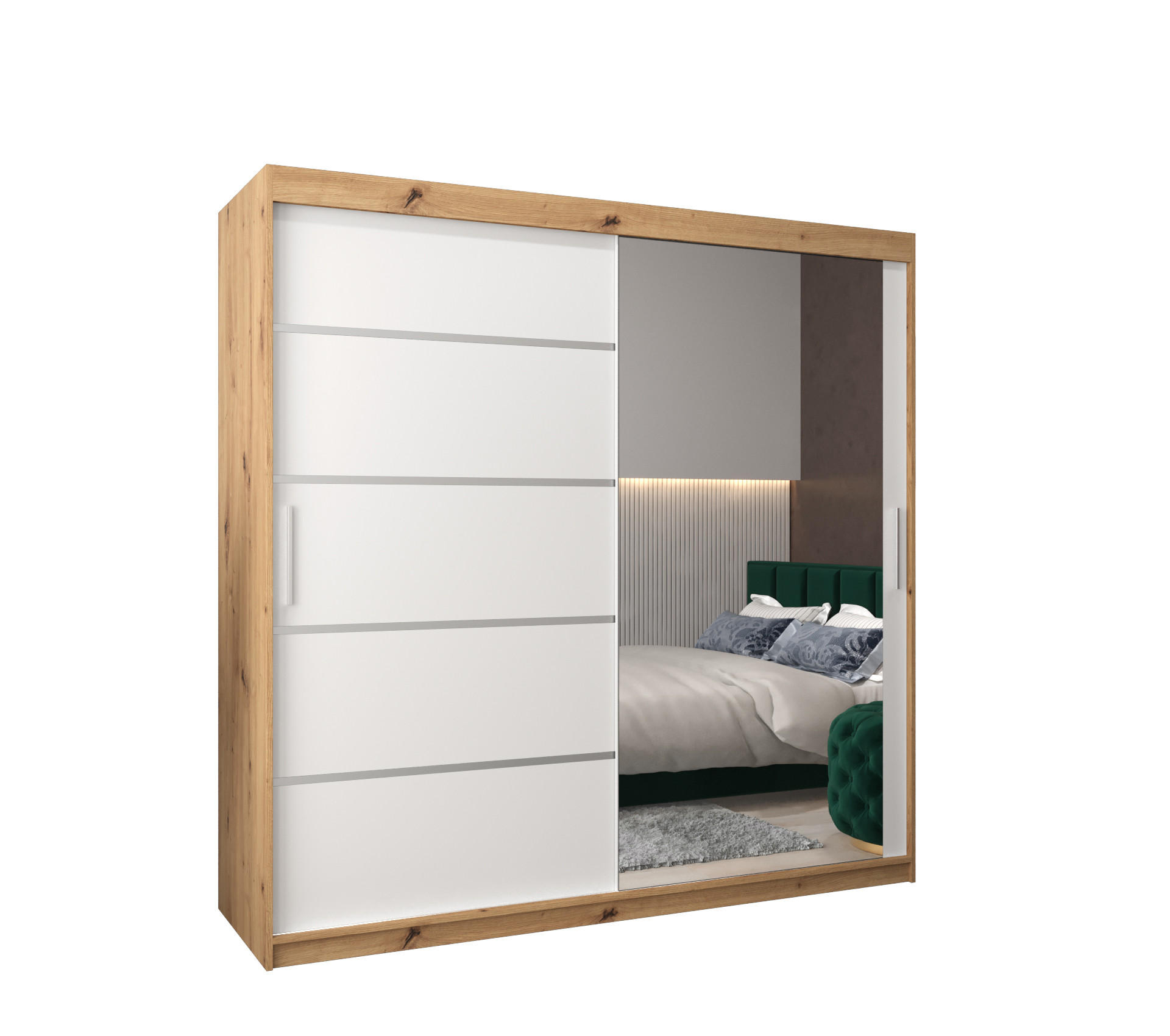 Möbel Kryspol Schwebetürenschrank Eiche Artisan, Weiß, Silber 200x200x62 cm