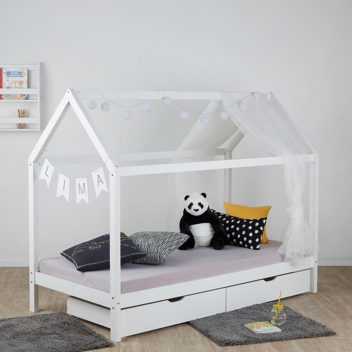 HAUSBETT mit Matratze mit Stauraum 90/200 cm Weiß - Weiß, Holz (206/160/98cm) - Homestyle4u