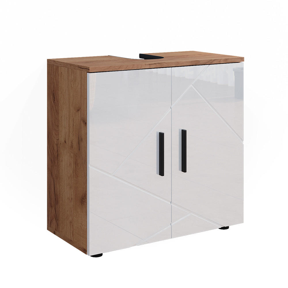 WASCHBECKENUNTERSCHRANK Irma Weiß Hochglanz/Goldkraft Eiche 60 x 59 cm - Weiß Hochglanz/Eiche Wotan, Holzwerkstoff (60/59/30cm) - Vicco