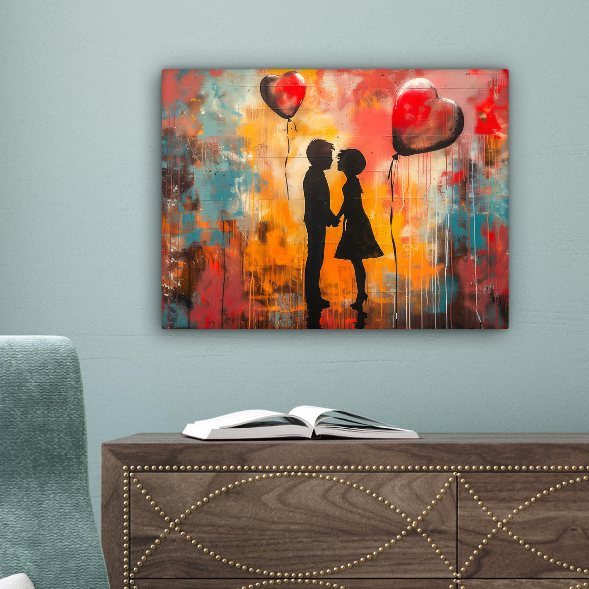 LEINWANDBILD Straßenkunst - Liebe - Graffiti - Kunst - Banksy Wandbild 40x30 cm - Orange, Textil (40/30cm) - MuchoWow