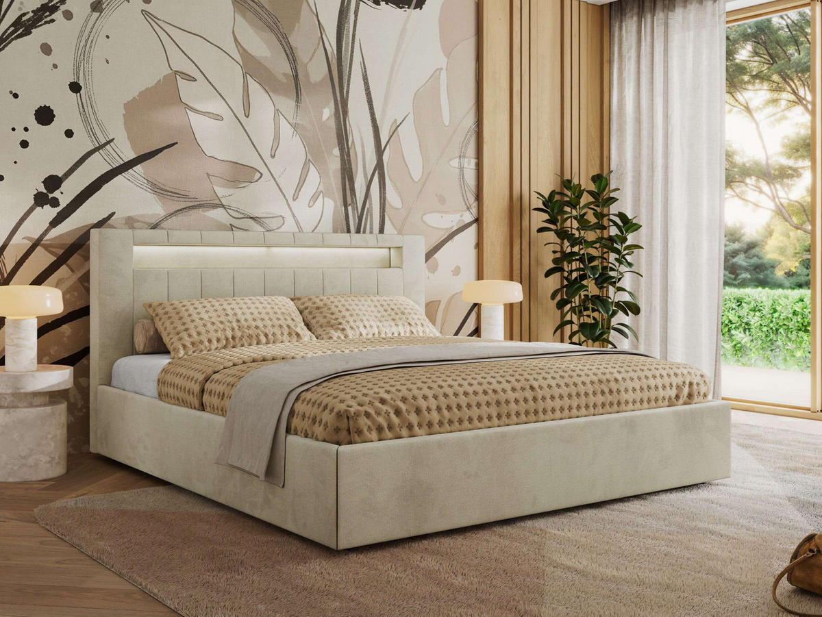 POLSTERBETT GOLD 5 CLASSIC 180/200 - Beige Velvet - Pocket-Matratze - Beige, Textil (180/200cm) - MKS