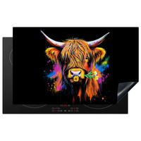HERDABDECKPLATTE Schottischer Highlander - Graffiti - Bunt - Blume - Tiere Ceranfeldabdeckung 85x52 cm - Multicolor, Kunststoff (85/52/0.2cm) - MuchoWow