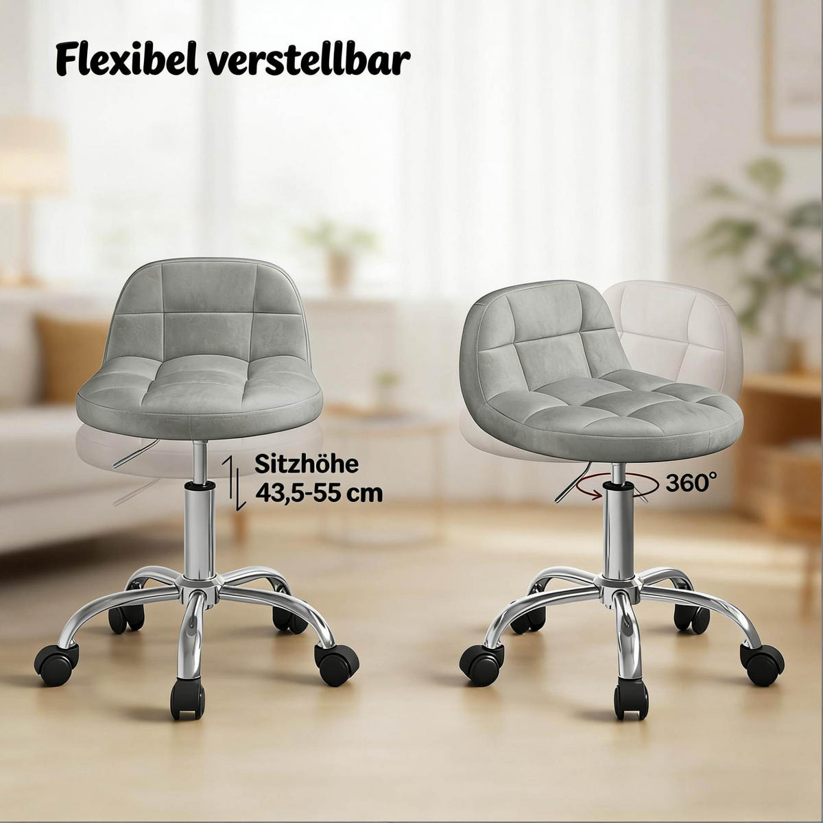 BÜROSTUHL höhenverstellbar Samt Hellgrau - Hellgrau, Metall (38/68/31cm) - Meubliv