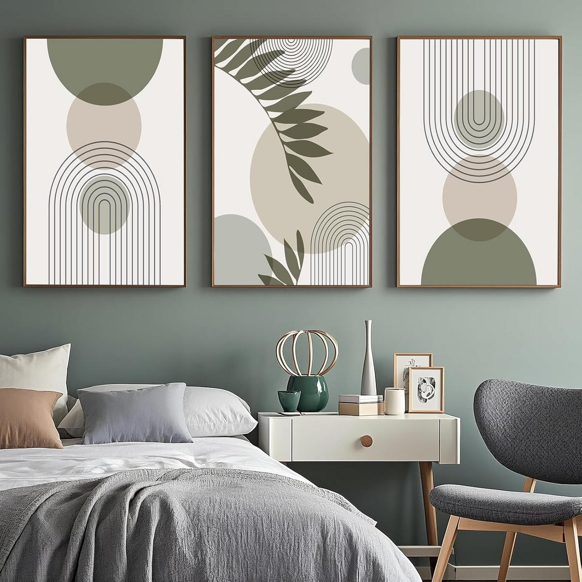 WANDDEKO Boho 60x90cm Grün Pflanzen Abstrakt，rahmenlos，3-teilig Set - Olivgrün, Textil (60/1cm) - Authentics