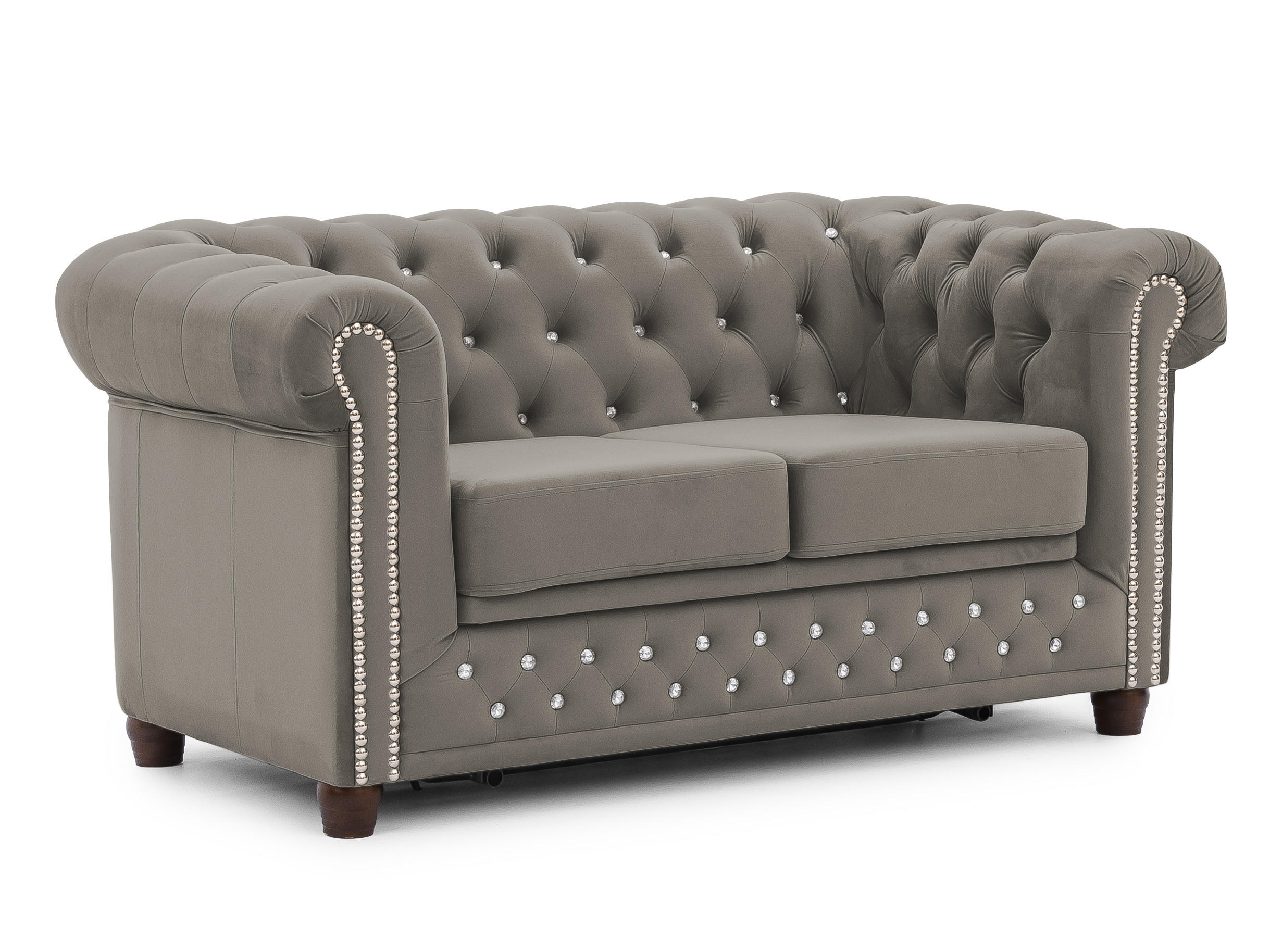 CHESTERFIELD-SOFA 2-Sitzer mit Schlaffunktion Cleo Blink Grau Samt mit Kristallsteppung und braunen Massivholzfüßen - Braun/Grau, Holz/Textil (148/72/86cm) - S-Style Möbel