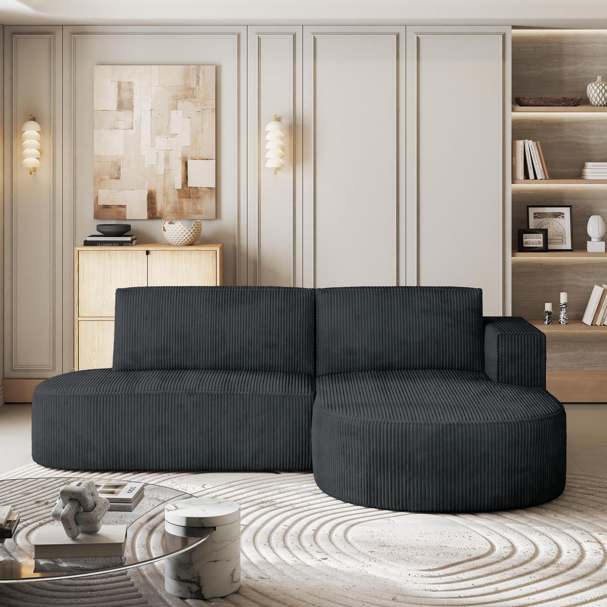 ECKSOFA CORTIO P R-S Graphitfarben Kordstoff mit Schlaffunktion - Graphitfarben, Holz (265/174cm) - MASSENO