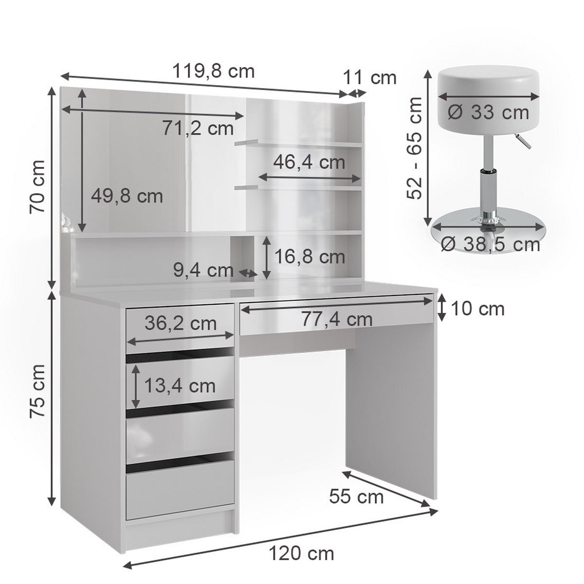SCHMINKTISCH Sherry Weiß 145 cm mit Hocker - Weiß, Holzwerkstoff (55/75/145cm) - Vicco