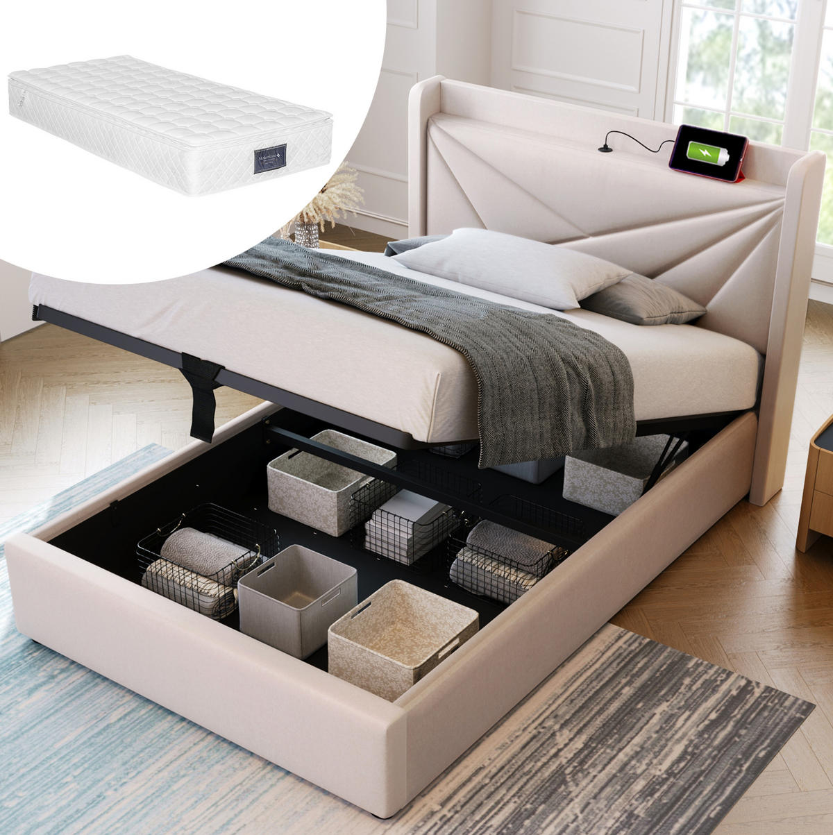 POLSTERBETT 90/200 cm Beige aus Baumwolle, Leinen und Metall mit Stauraum - Beige, Textil (90/200cm) - OKMYHOME