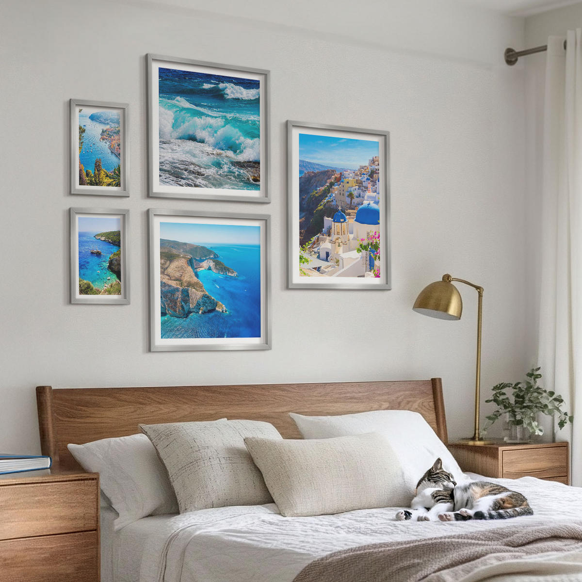BILDER SET 5er Set - 50x50 cm & 20x30 cm & 40x60 cm Silberner Rahmen - Griechische Ansichten von Santorin Oia - Silberfarben, Kunststoff (40/60cm) - TULUP