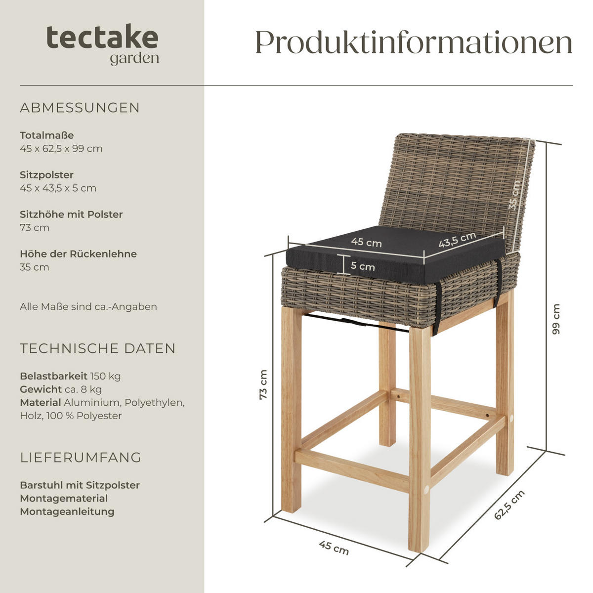 RATTAN-BARSTUHL Latina,inklusive Sitzpolster, 45 x 62,5 x 99 cm,natur - Naturfarben, Kunststoff (45/99/62.5cm) - tectake