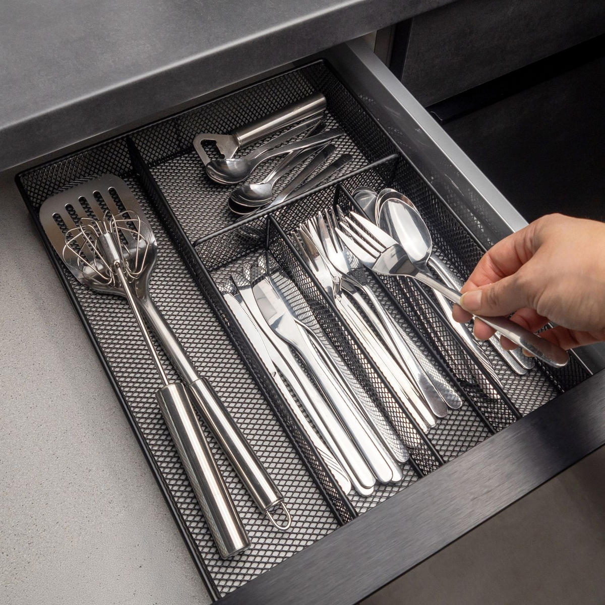 BESTECKKASTEN Schubladeneinsatz mit 5 Fächern 38/30/5,5 cm - Schwarz, Metall (30/6/39.2cm) - Intirilife