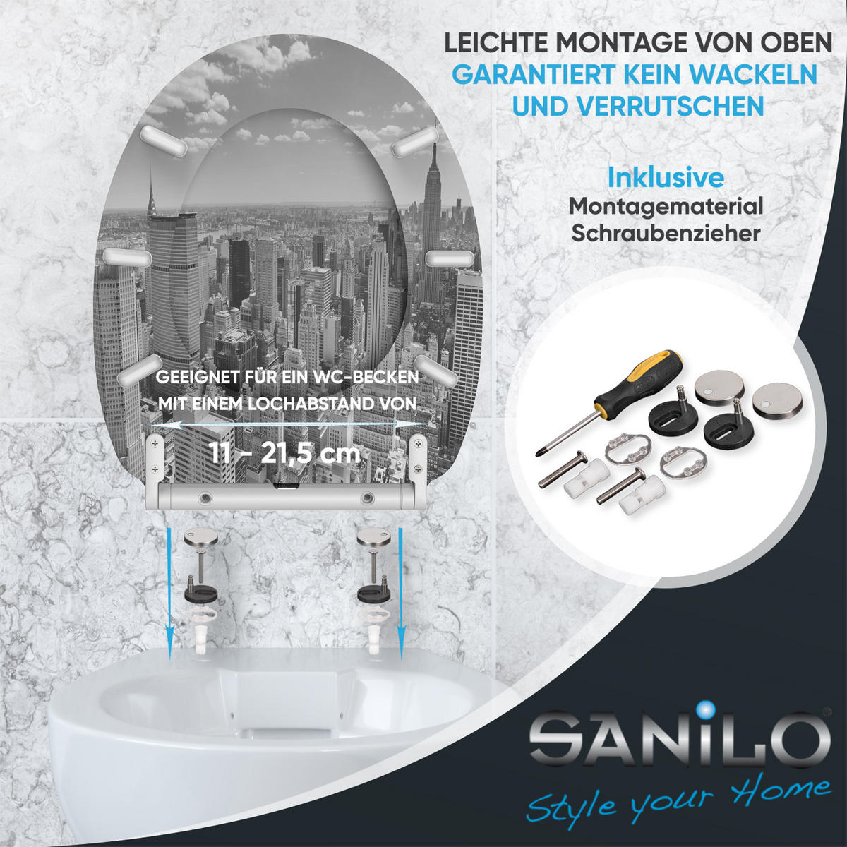WC-SITZ mit Absenkautomatik & Top Fix Skyline New York - Grau, Holzwerkstoff (37.7/5.5/48cm) - Sanilo