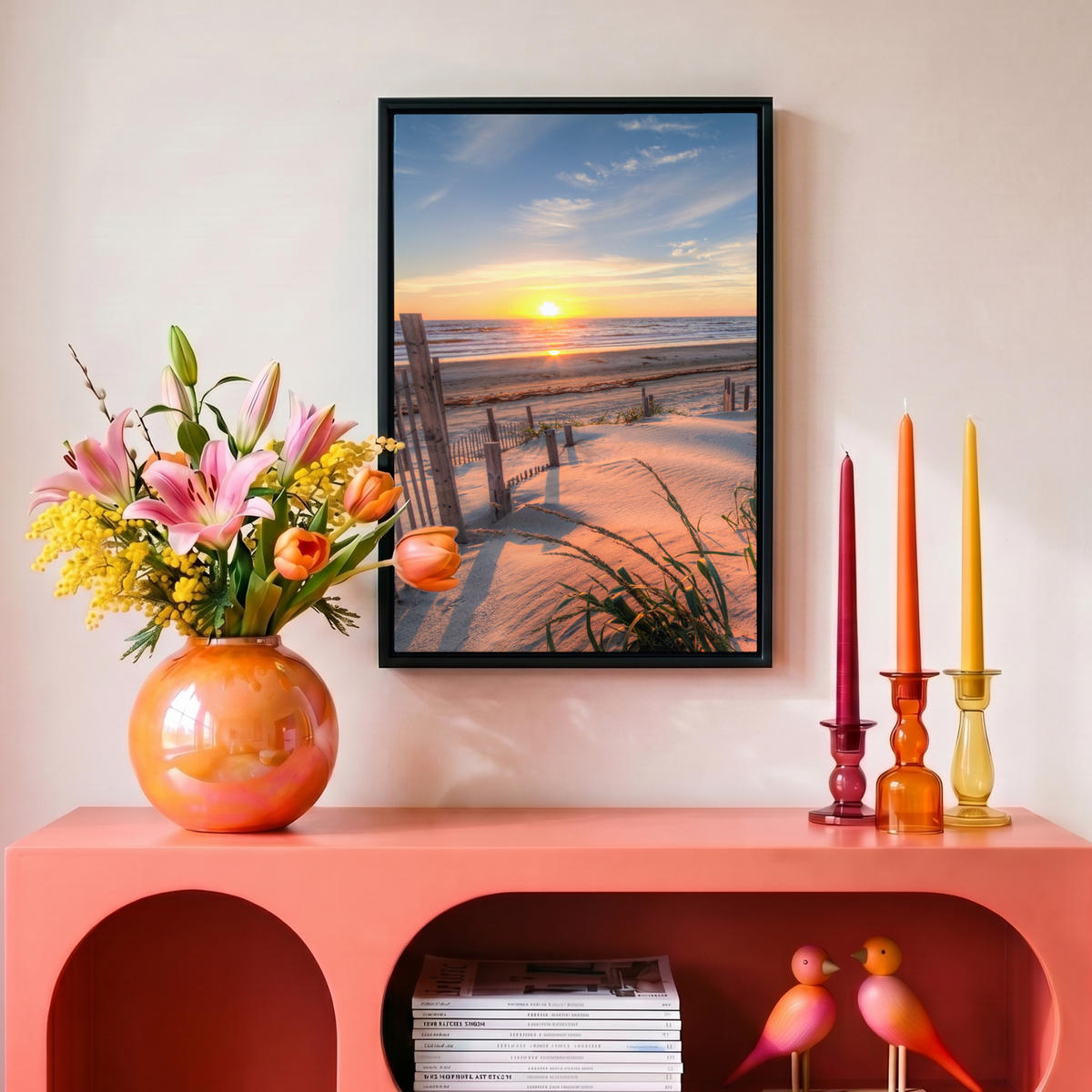 LEINWAND Bilder mit Rahmen - Strand - Meer - Düne - Sonnenuntergang - Landschaft - 20x30 - Beige, Textil (20/30cm) - MuchoWow