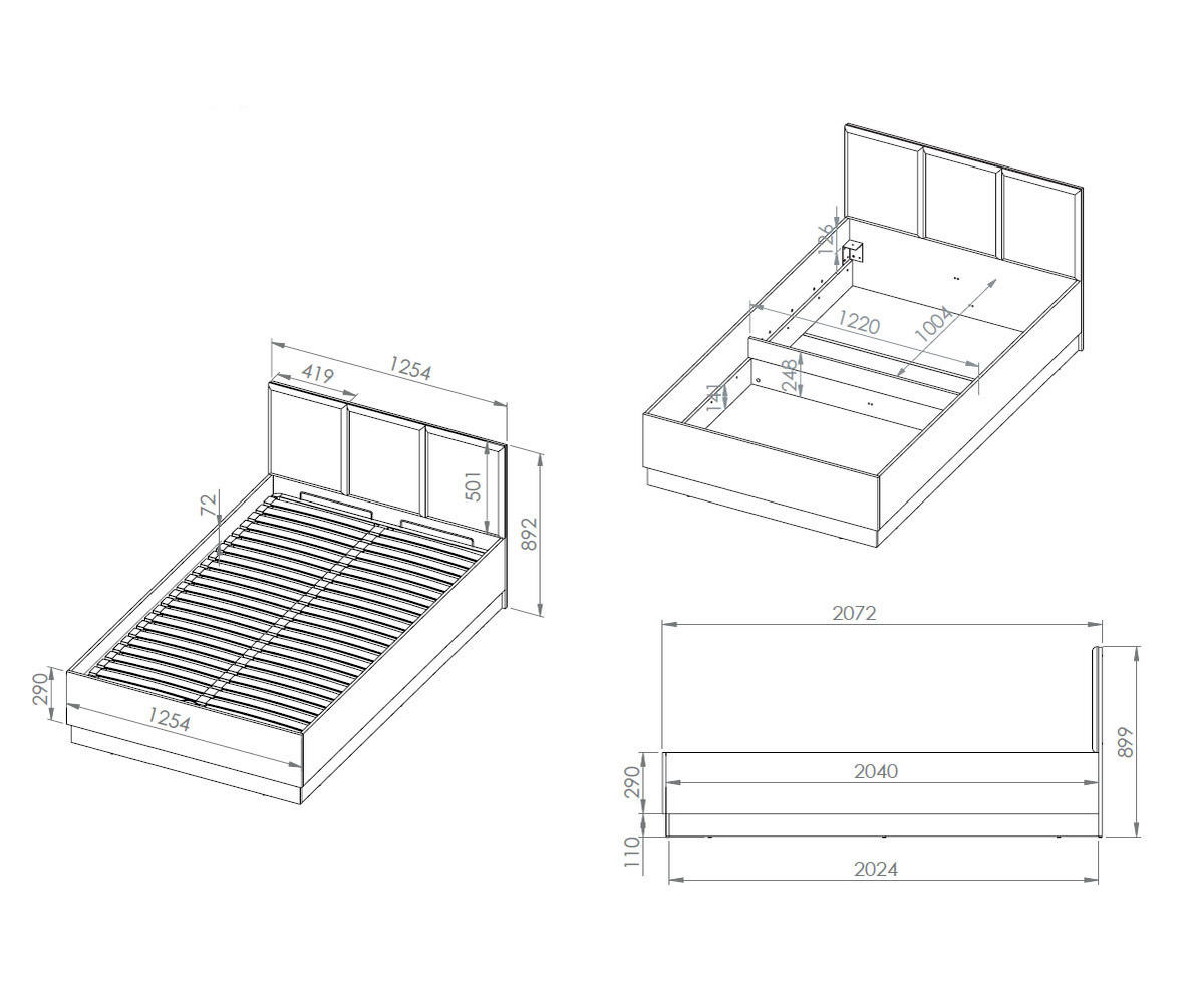 BETT Torino Weiß / Eiche Castello / Graphit 126 / 208 / 90 cm - Weiß, Holz/Holzwerkstoff (90/200cm) - Feldmann-Wohnen