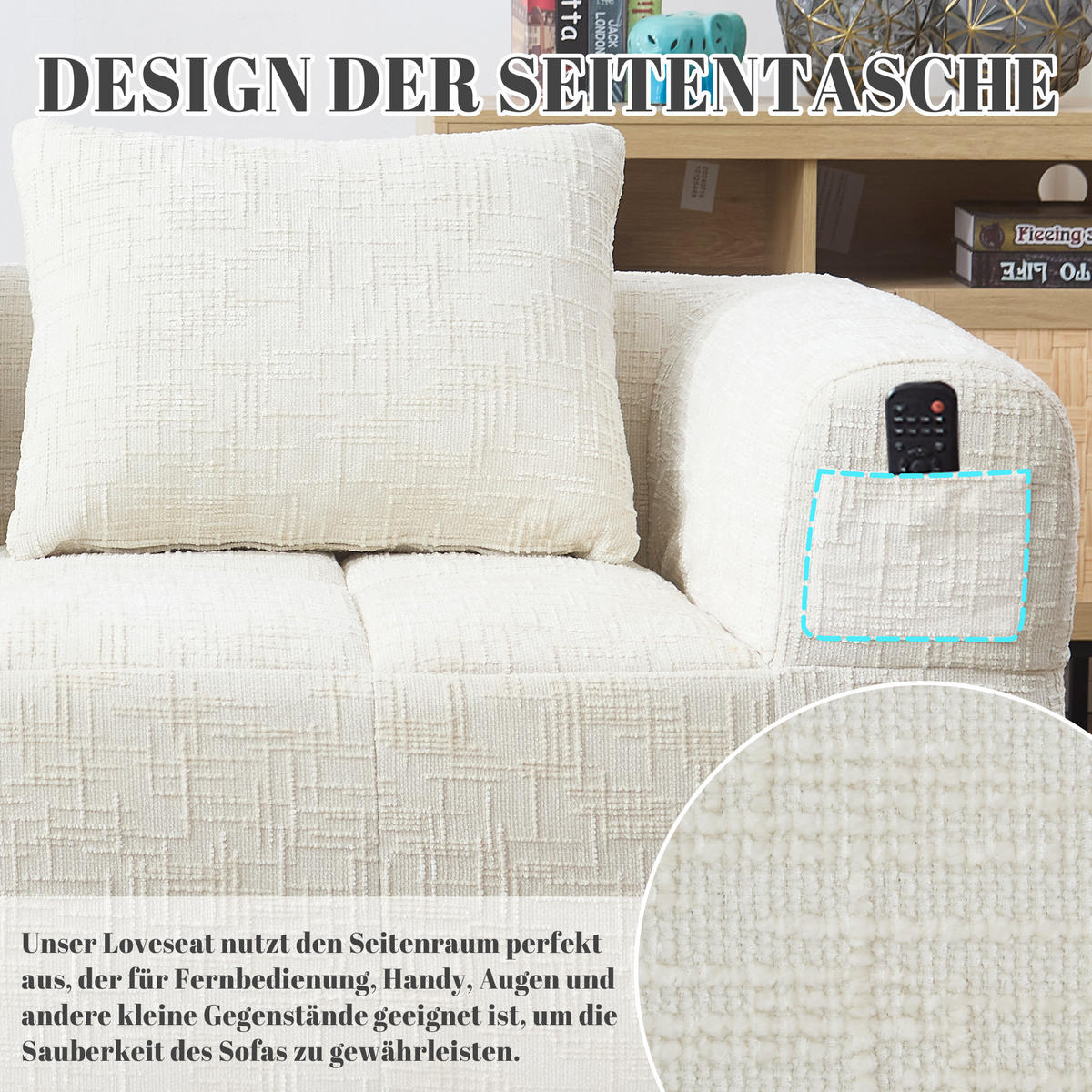 2-SITZER Sofa Chenille mit Chaiselongue und Seitentaschen 158/90/60 cm Beige - Beige, Textil (60/158/90cm) - Redom