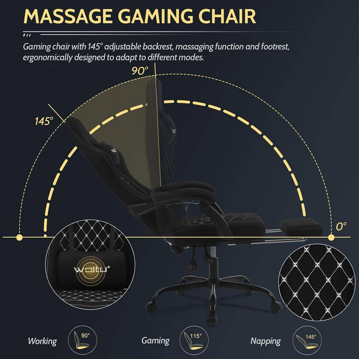 GAMINGSTUHL mit Massagefunktion, Computerstuhl Ergonomisch - Schwarz/Weiß, Kunststoff/Textil (70/127/70cm) - Woltu