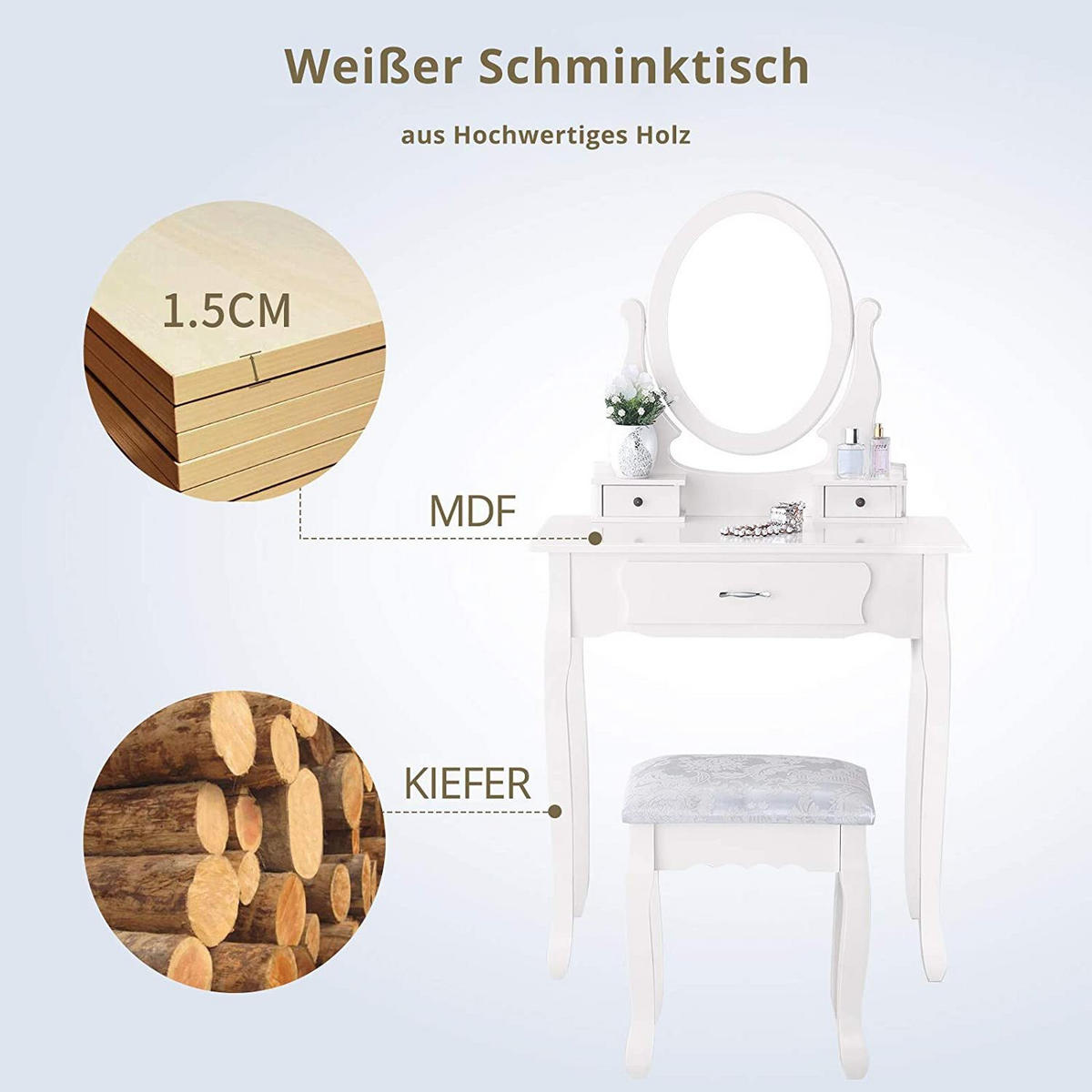 FRISIERTISCH 75 × 40 × 136 cm, mit schwenkbarem Spiegel, Hocker und 3 Schubladen, weiß - Weiß, Holz (40/136/75cm) - WoodenAura