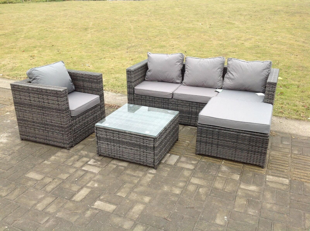 GARTENMÖBELSET mit Couchtisch Polyrattan 5-Sitzer - Dunkelgrau/Grau, Glas/Kunststoff - Fimous