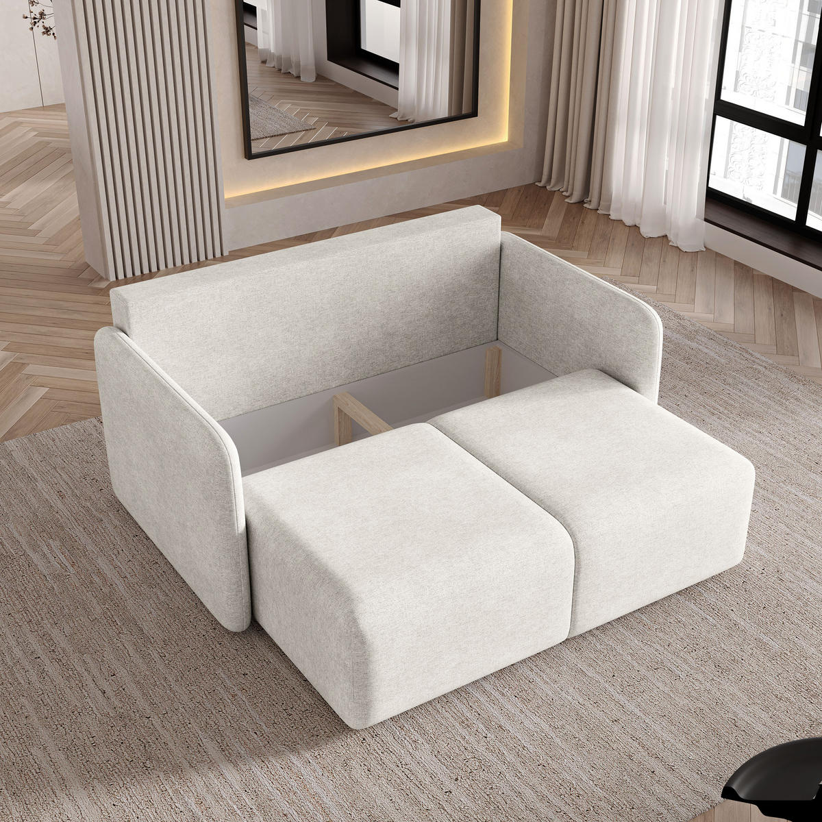 BETTSOFA SUVI II NV Creme Geflochtener Stoff mit Schlaffunktion - Creme, Textil (90/85/153cm) - MASSENO