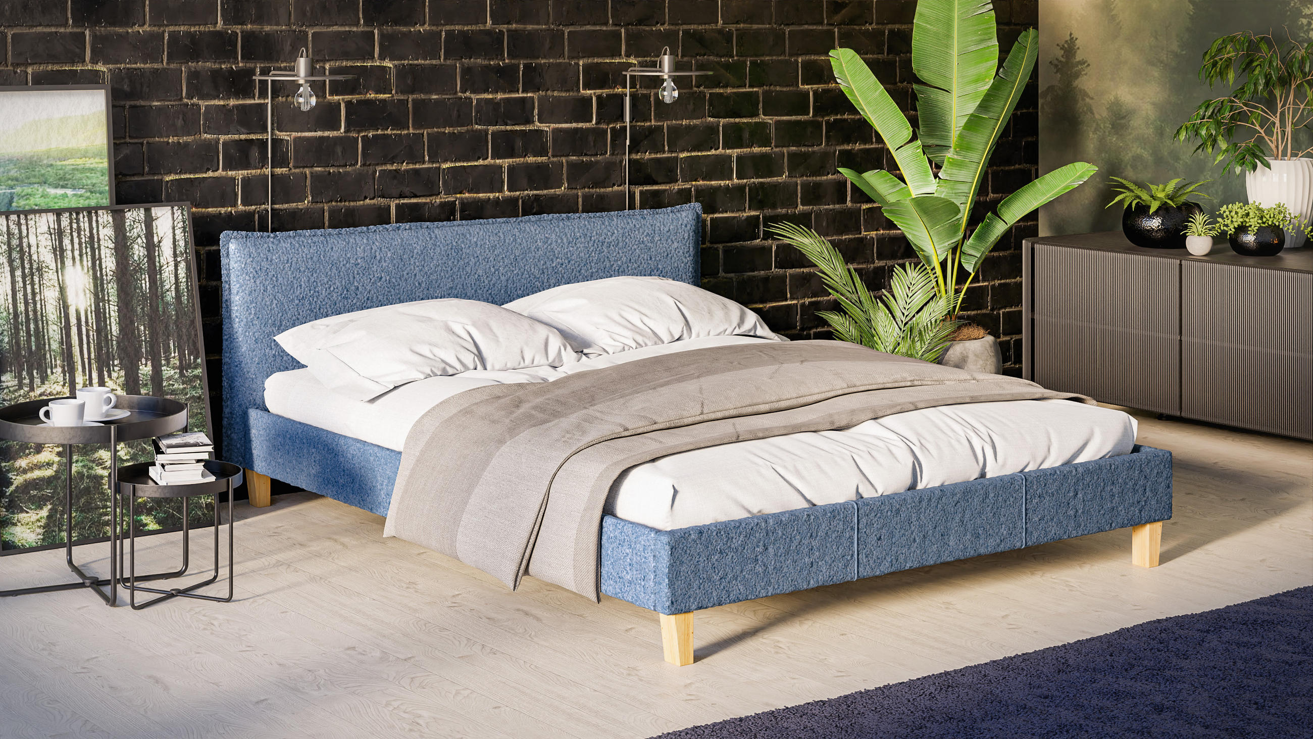 POLSTERBETT Arles 160/200 cm Boucle Stoff - Blau/Hellbraun, Holz/Textil (160/200cm) - S-Style Möbel