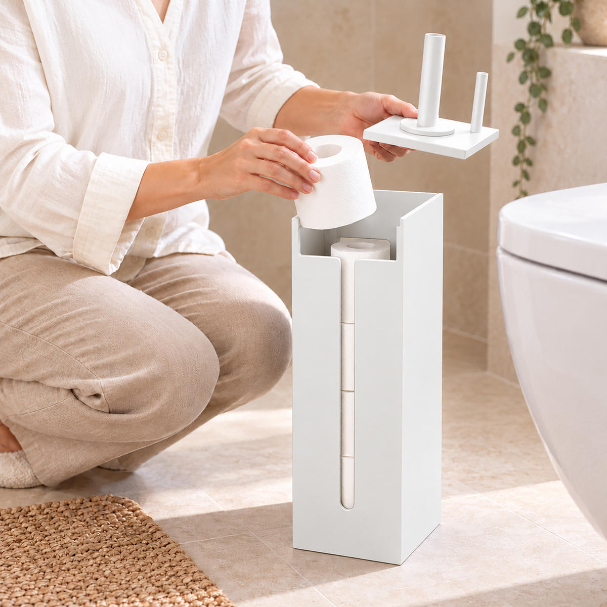 TOILETTENPAPIERHALTER Weiß MDF für 4 Rollen - Weiß, Holzwerkstoff (14/44/14cm) - Relaxdays