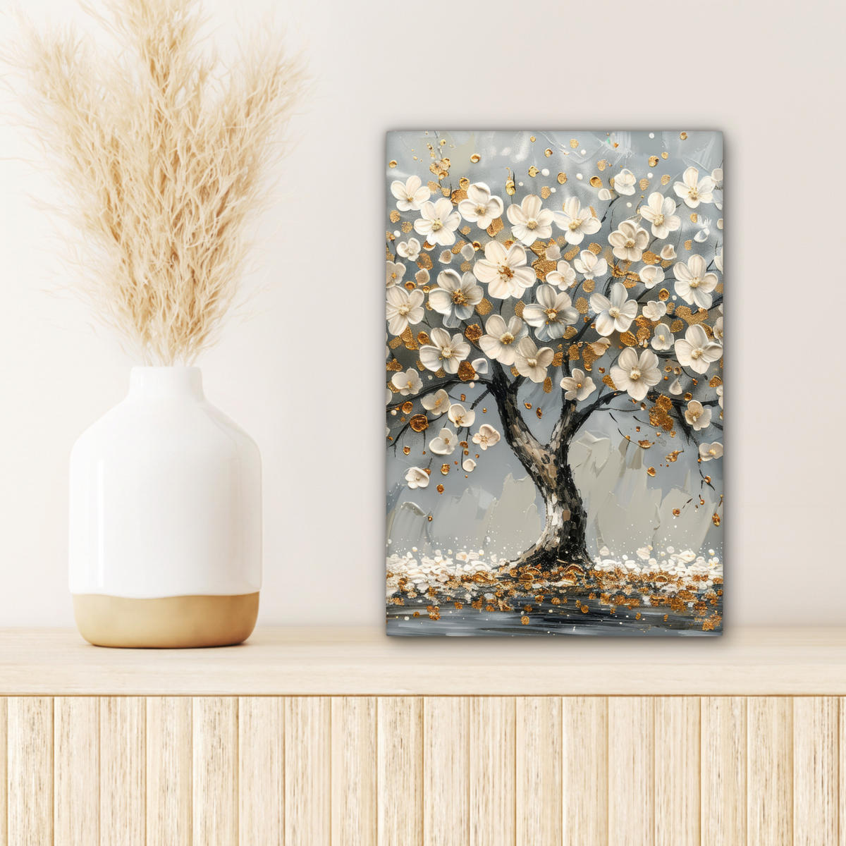 LEINWANDBILD Baum - Blumen - Weiß - Natur - Kunst 20x30 cm - Weiß, Textil (20/30cm) - MuchoWow
