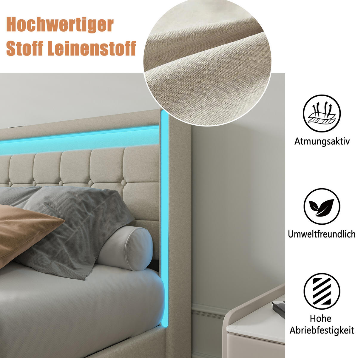 POLSTERBETT 180x200 cm LED 4 Schubladen USB Leinen grau - Beige, Holz (180/200cm) - LEBENLANG