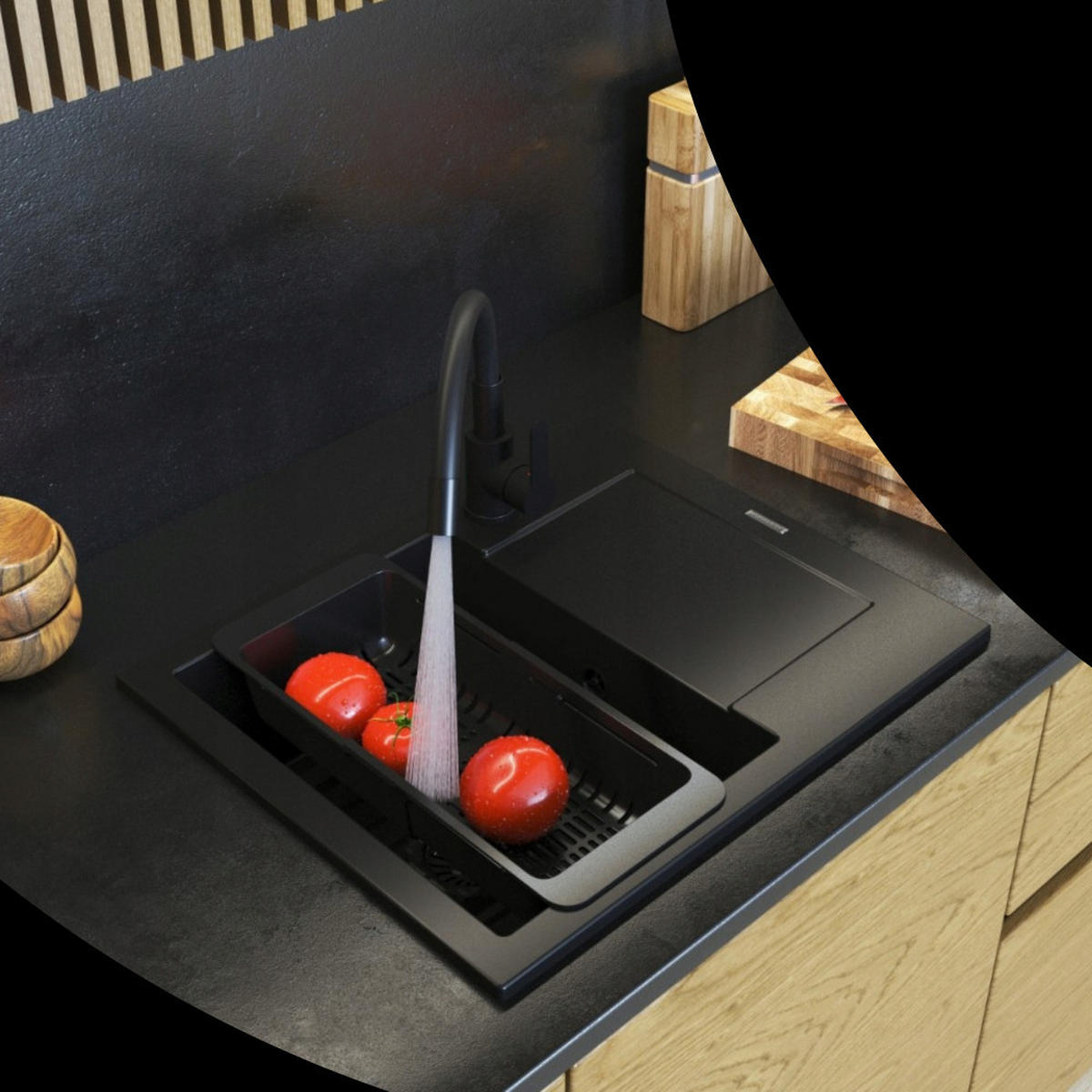 SPÜLBECKEN Bello Schwarz 4-tlg. 570/470 mm Granitoptik Set mit Armatur und Siphon - Schwarz, Stein (57/47/20cm) - Granitan