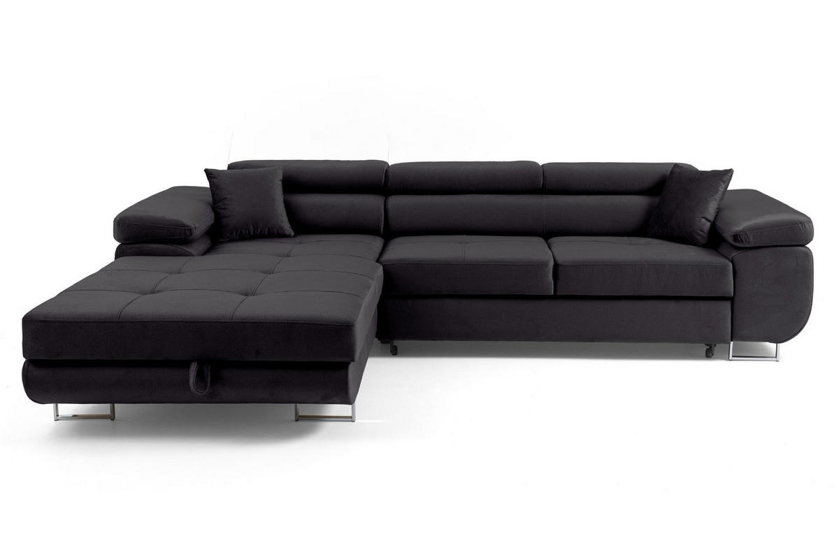 ECKSOFA ALONZO L Links mit Schlaffunktion 125x195 Velours Schwarz - Silberfarben/Schwarz, Holz/Textil (275/203cm) - Muffo