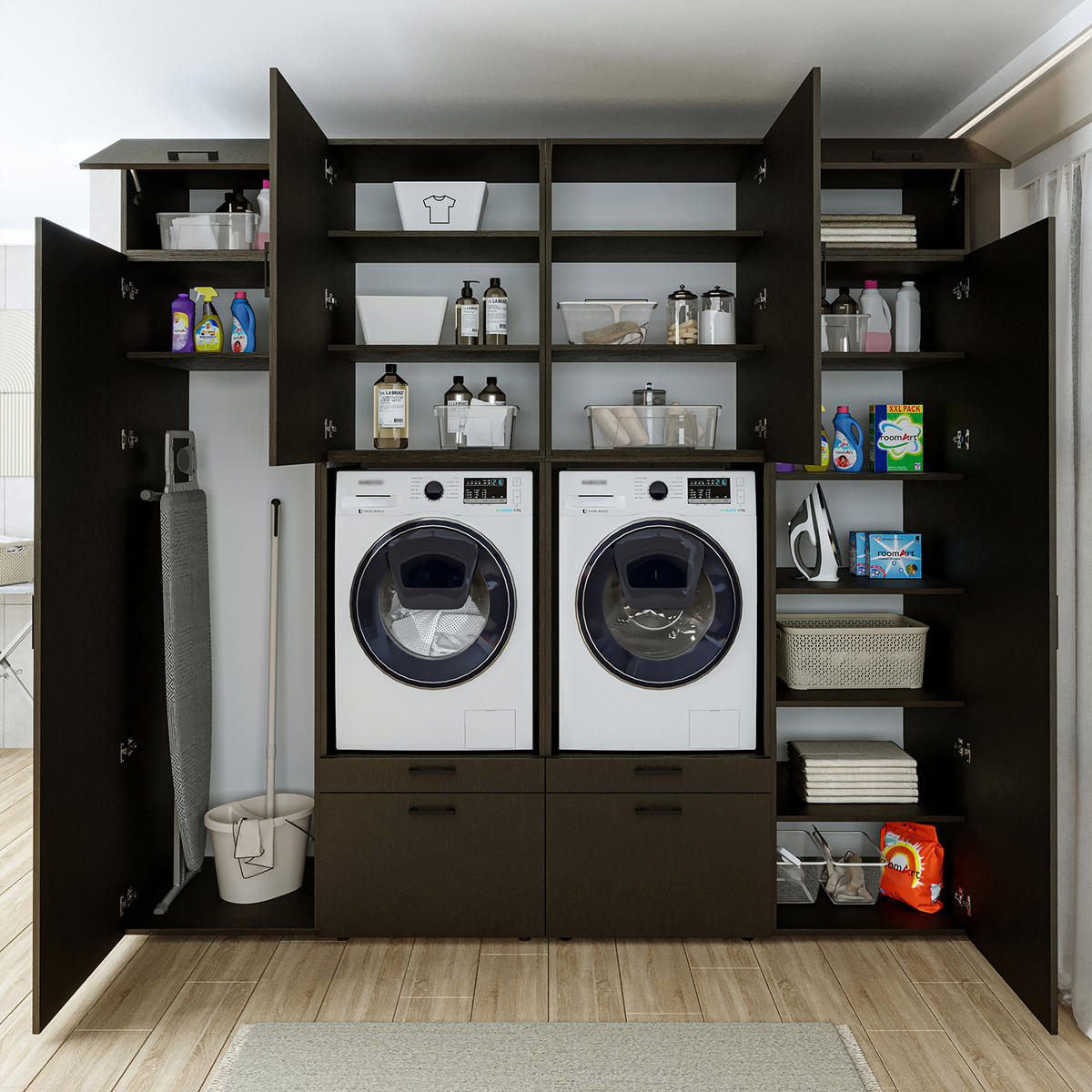WASCHMASCHINENSCHRANK Serie 2 254cm Breit, 240cm Hoch - Schwarz, Holzwerkstoff (254/240/67cm)