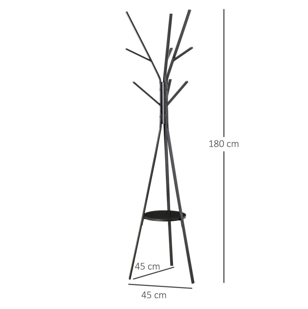 GARDEROBENSTÄNDER 45/45/180 cm aus Holz und Metall mit 3 Kleiderstangen, 8 Haken und Ablage, Schwarz - Schwarz, Metall (45/180/45cm) - Redom