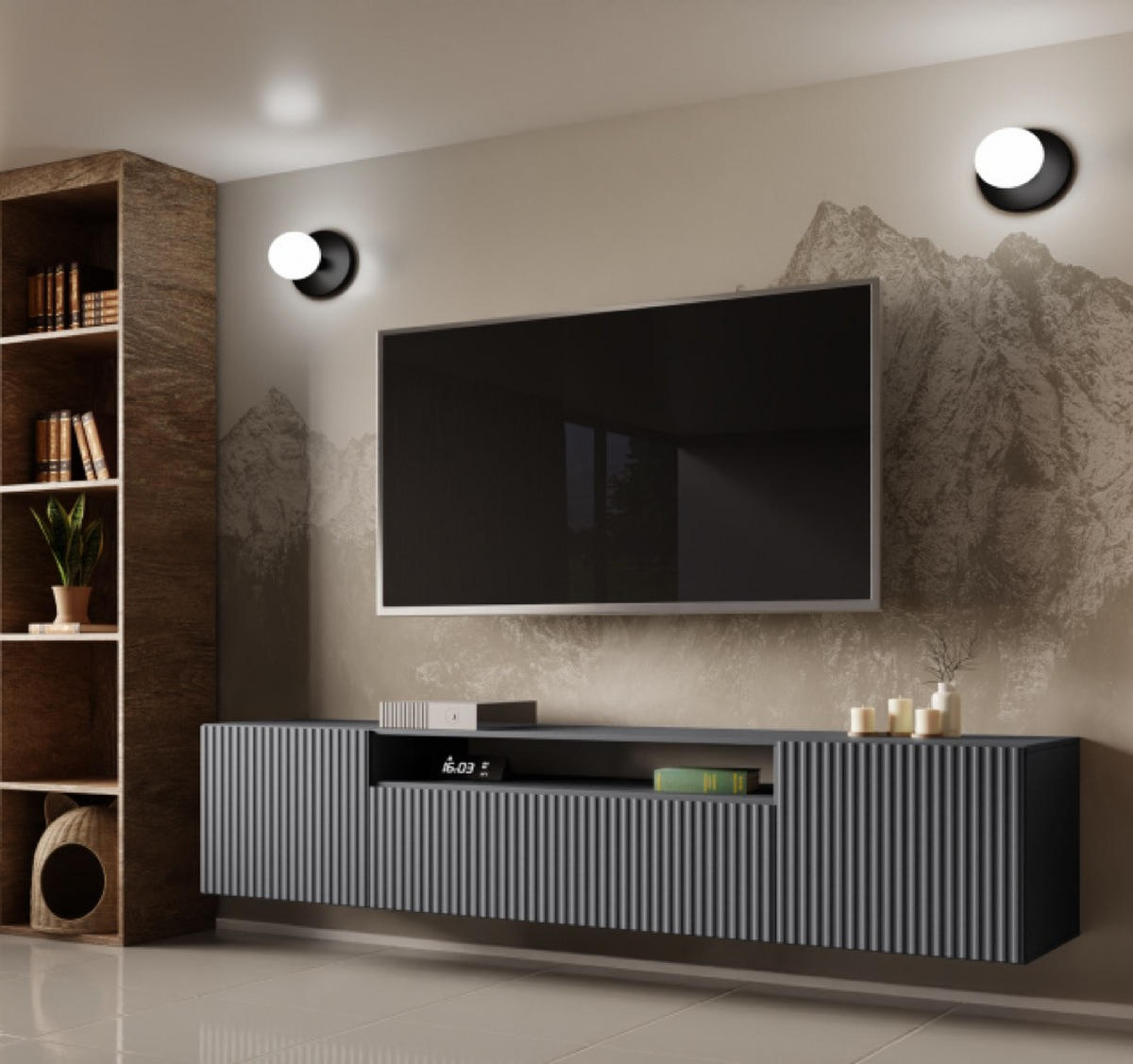 TV-SCHRANK Grafit NOELI Hängend Gerillte Fronten - Graphitfarben, Holzwerkstoff (200/40/41cm) - Sepro Meble