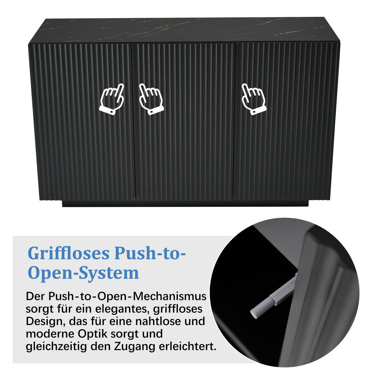 SIDEBOARD LED Schwarz Marmor 120cm Bluetooth Stauraum Modern - Schwarz, Holzwerkstoff (40/75/120cm) - FLIEKS