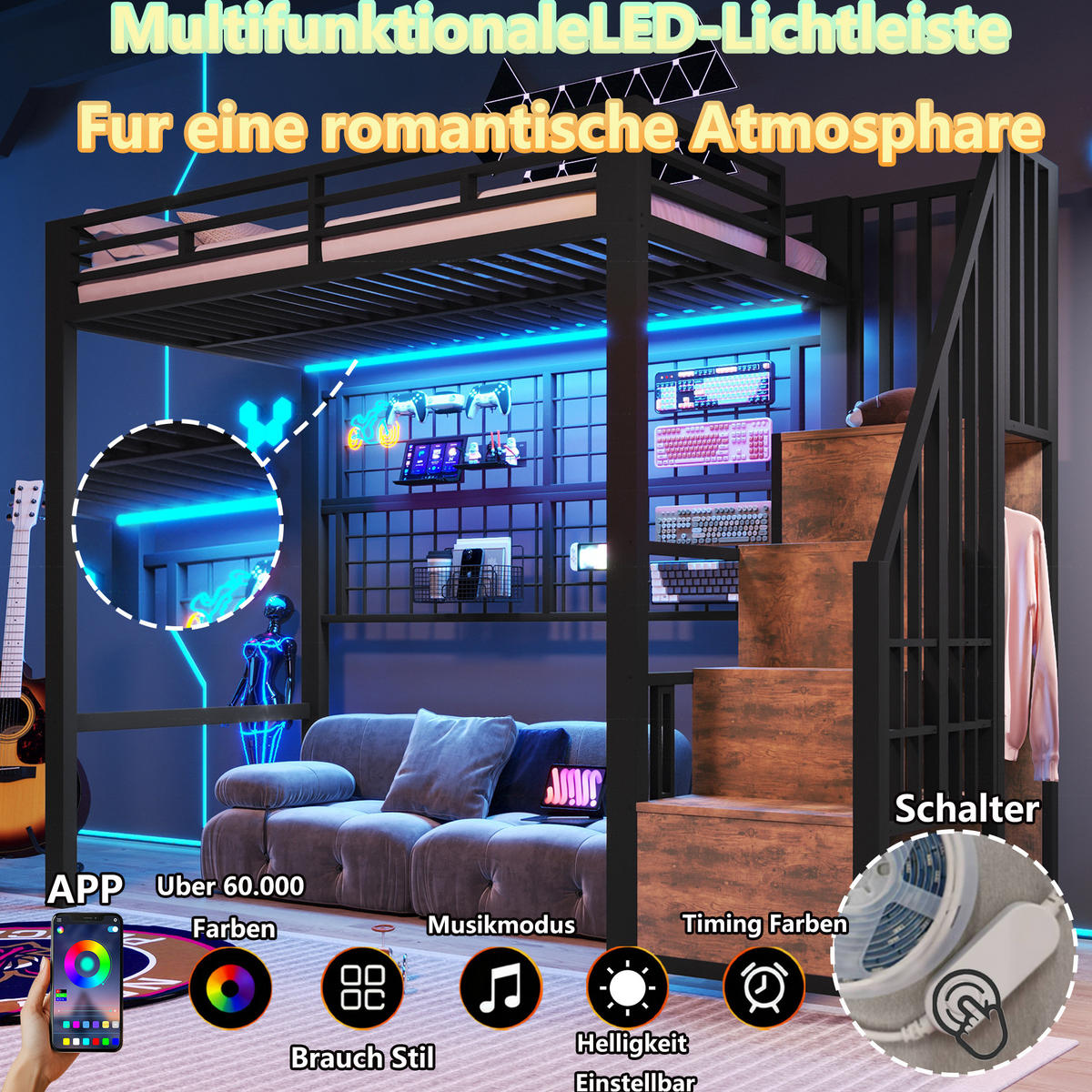 HOCHBETT 90/200 cm Schwarz aus Metall und MDF mit Stauraumleiter - Schwarz, Metall (90/200cm) - OKMYHOME