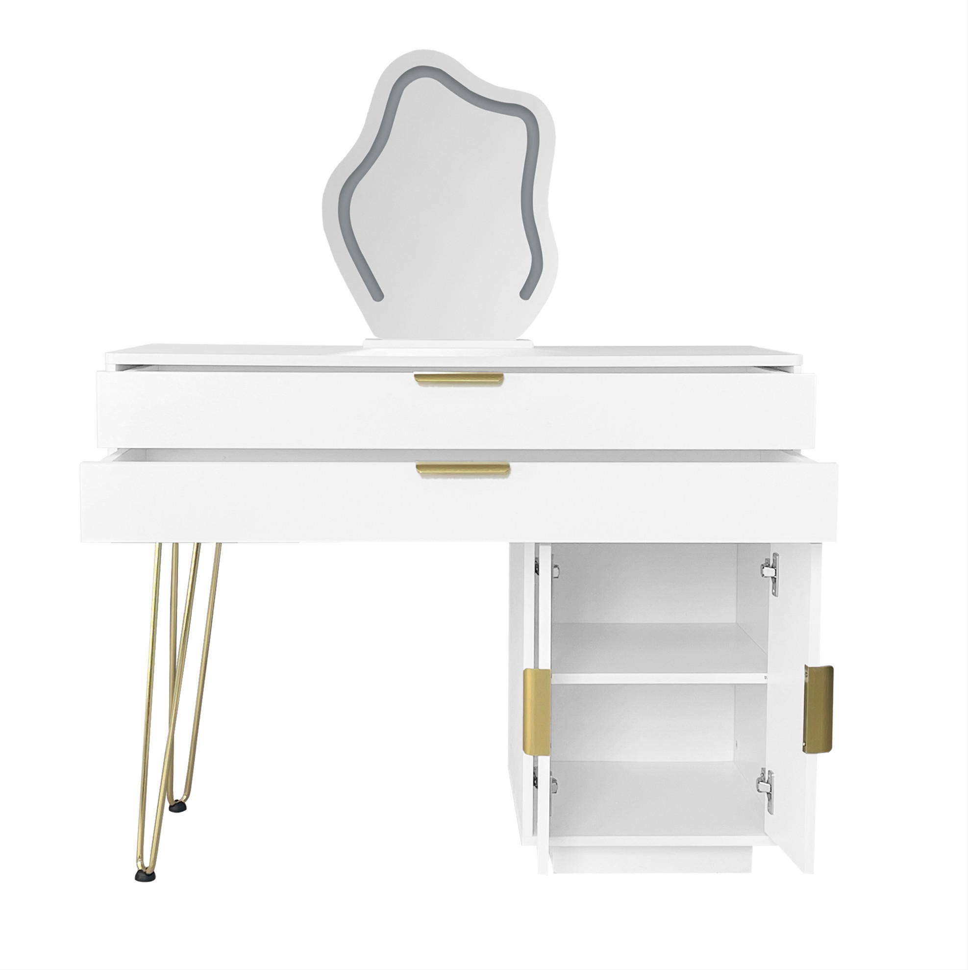 SCHMINKTISCH 100/40/78 cm aus Spanplatte mit LED-Spiegel, 2 Schubladen, ausziehbarem Seitenschrank und Metallbeinen, Weiß - Weiß, Holzwerkstoff (100/78/40cm) - Redom