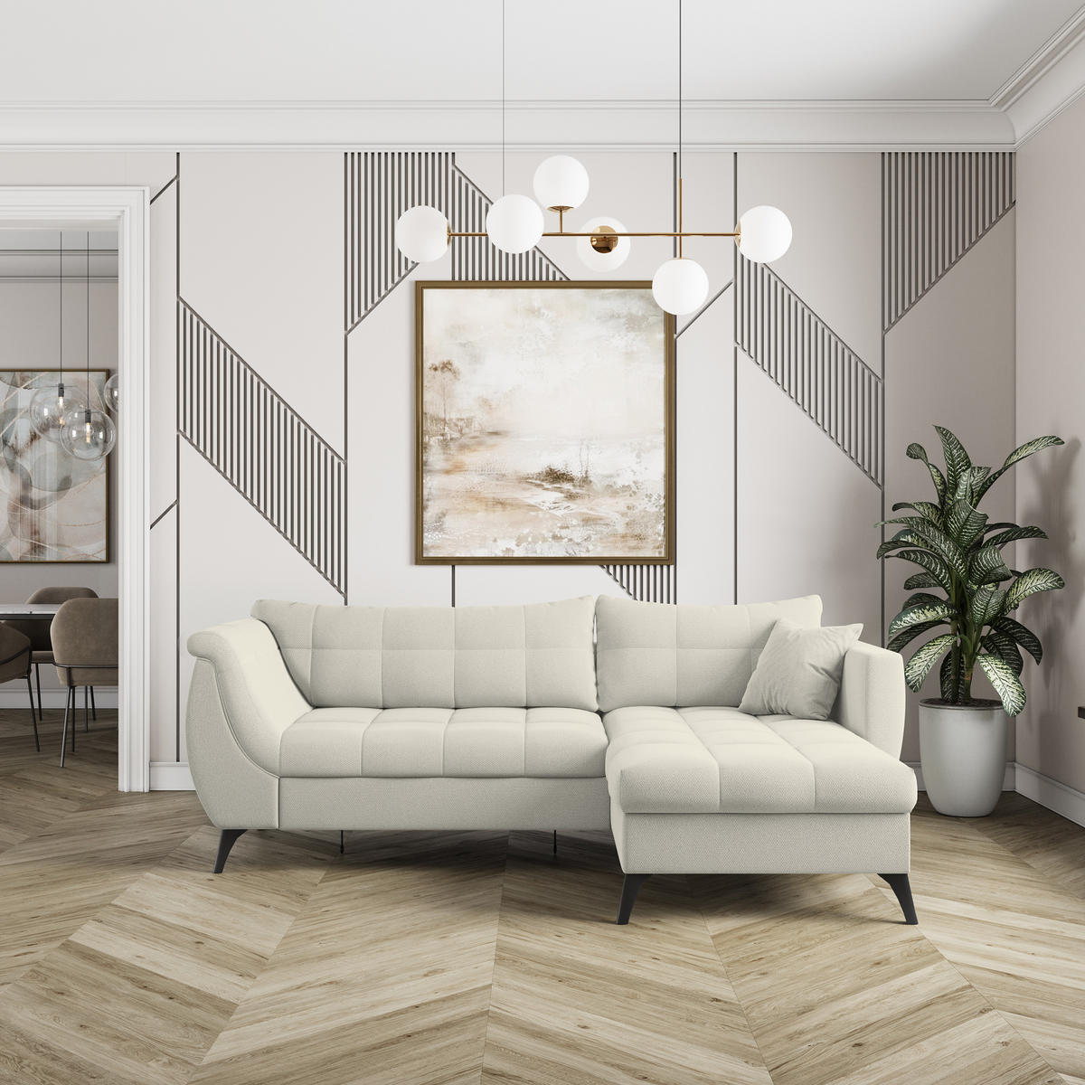 ECKSOFA MOLLIS Creme Geflochtener-Stoff mit Schlaffunktion - Creme, Holz (241/154cm) - MASSENO