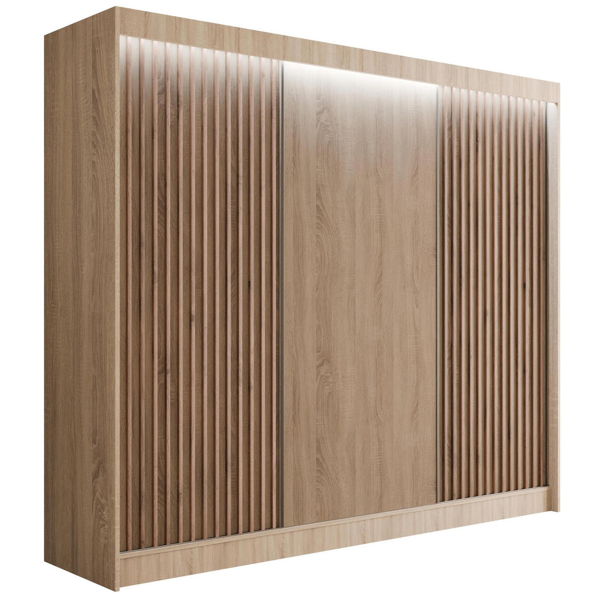 KLEIDERSCHRANK mit LED, Lamel-Schiebetüren VILANv2 - 250 cm Sonoma Eiche + Sonoma Eiche + Lamelle Eiche Wotan - Eiche Wotan/Sonoma Eiche, Holzwerkstoff (250/215/61cm) - ALTDECOR