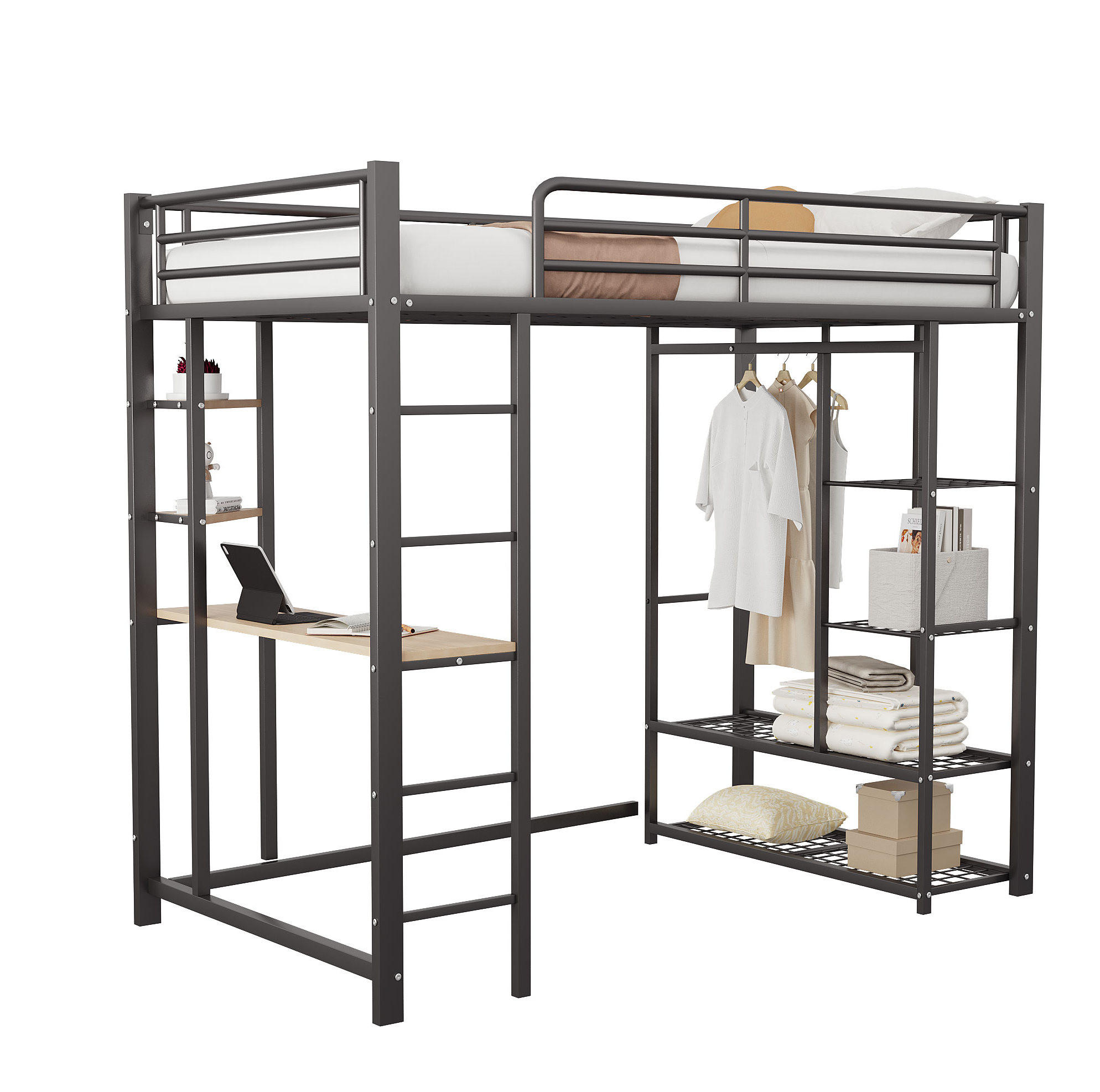 HOCHBETT aus Metall und MDF 90x200 cm in Schwarz mit Schreibtisch & Stauraum - Schwarz, Metall (90/200cm) - Modfu
