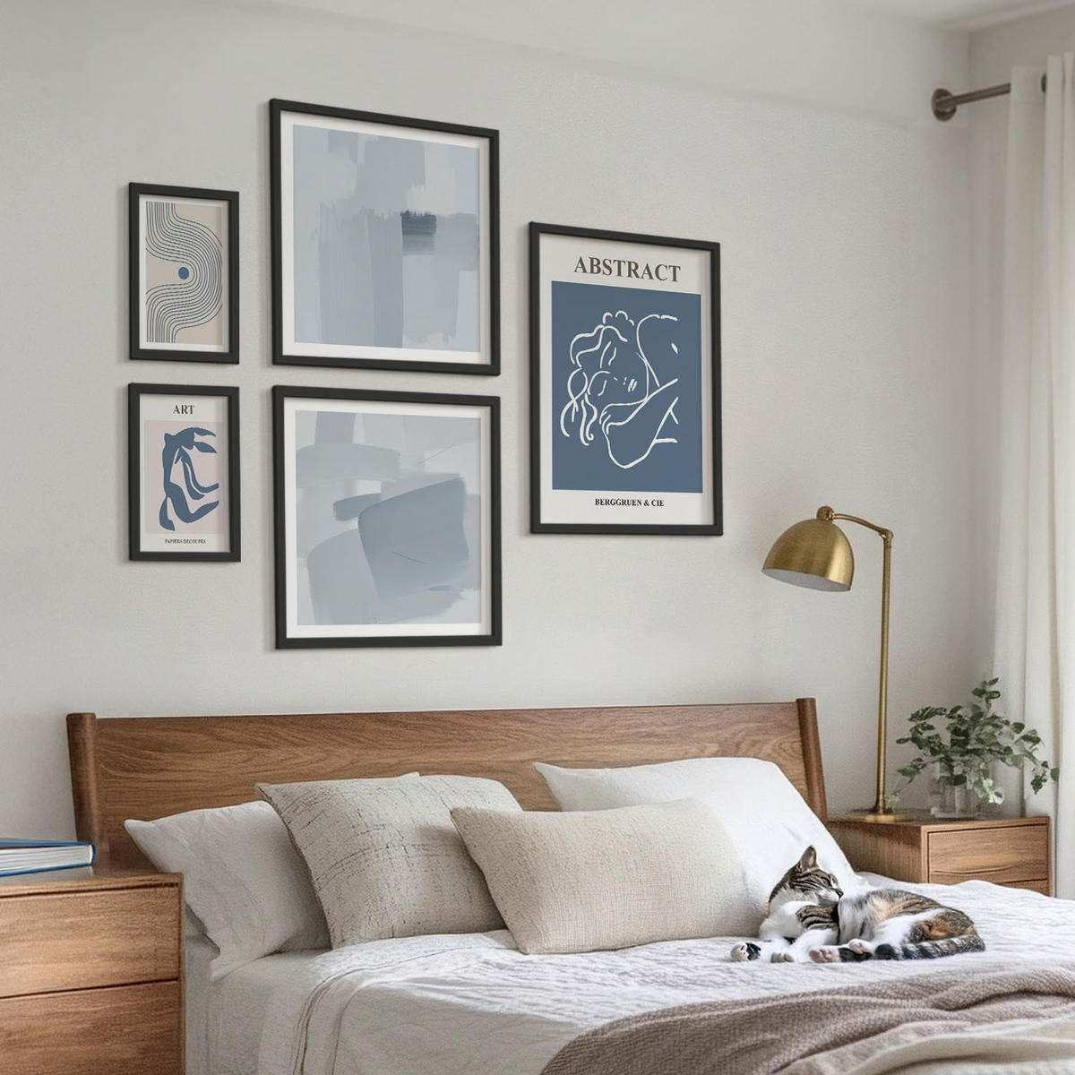 WANDBILDER 5er-Set - 50x50 cm & 20x30 cm & 40x60 cm Schwarzer Rahmen - Poster mit abstrakten Linien und Wellen - Schwarz, Kunststoff (40/60cm) - ArtPrintCave