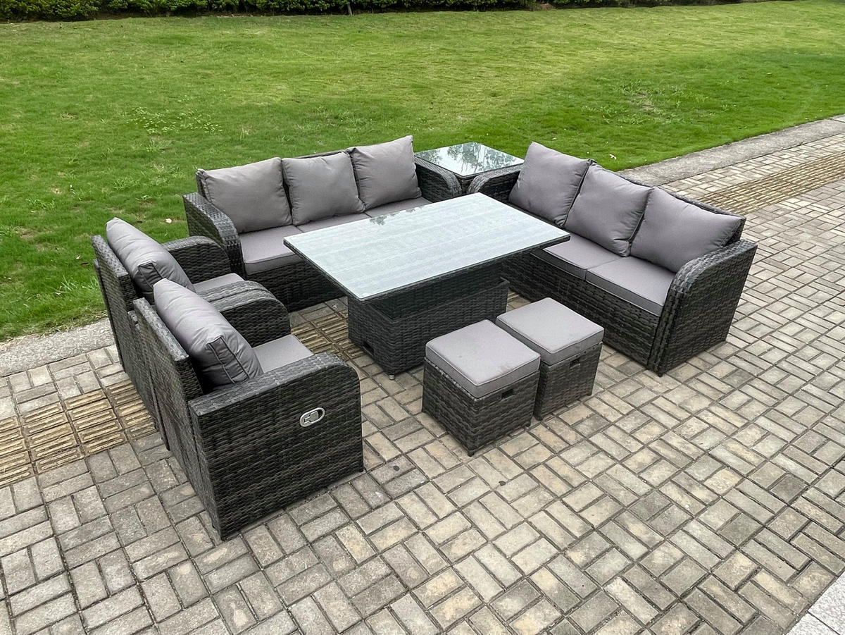 GARTENSET Polyrattan 10-Sitzer - Dunkelgrau/Grau, Glas/Kunststoff - Fimous